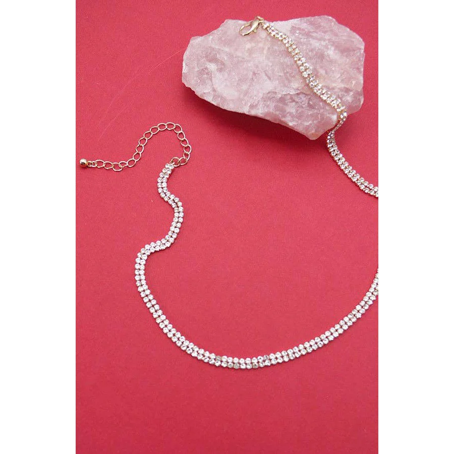 Double Row Rhinestone Chain Necklace | Choker Gold Plated Jewelry - Image 3