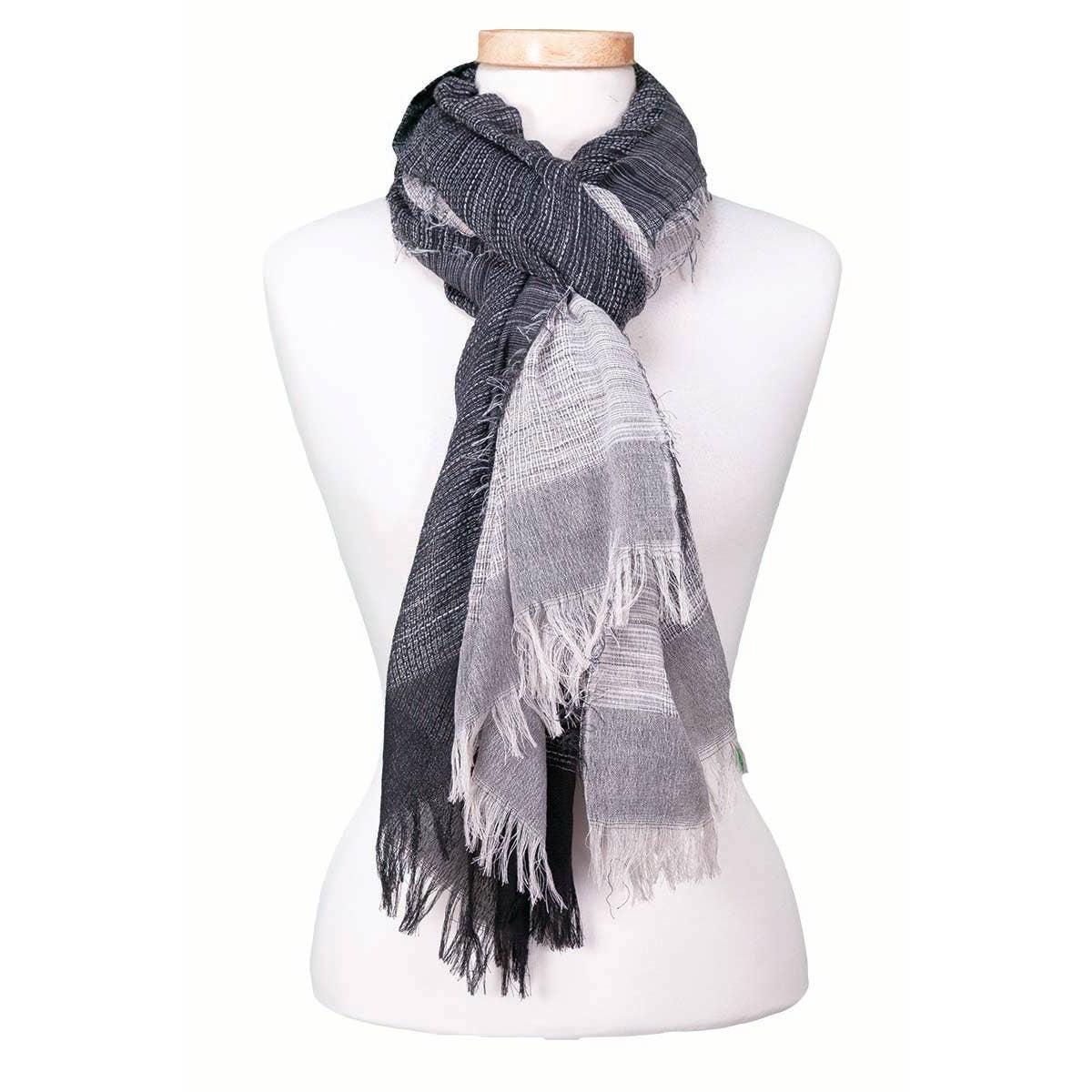 Duple Color Blue Green Stripe Fringe Scarf | Two Toned Midweight Boho Long Scarf | 38” x 70” - Image 2