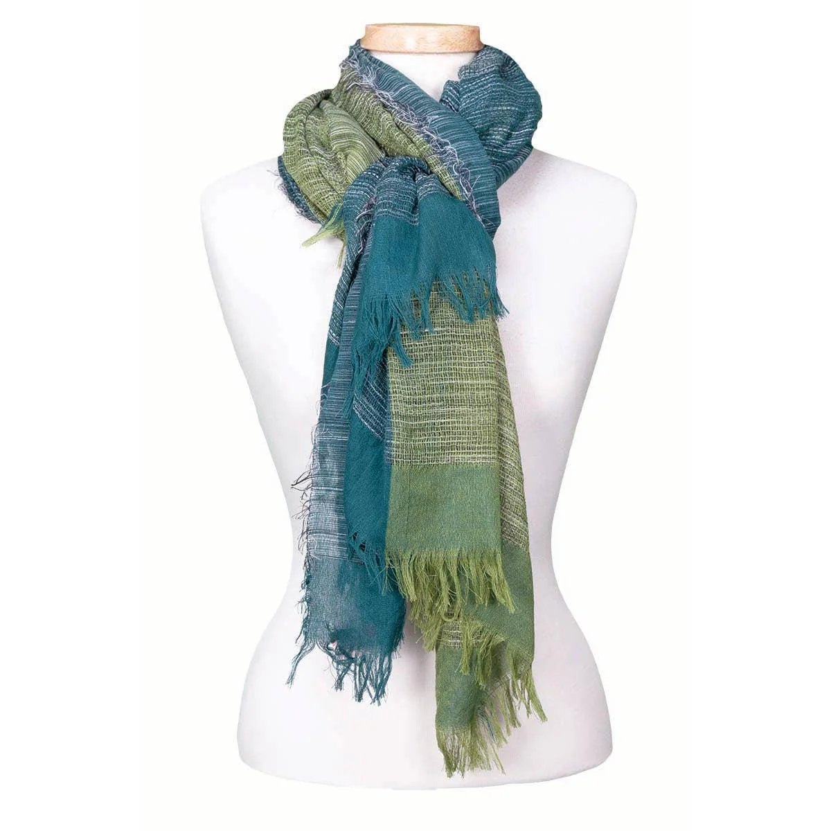 Duple Color Blue Green Stripe Fringe Scarf | Two Toned Midweight Boho Long Scarf | 38” x 70” - Image 4