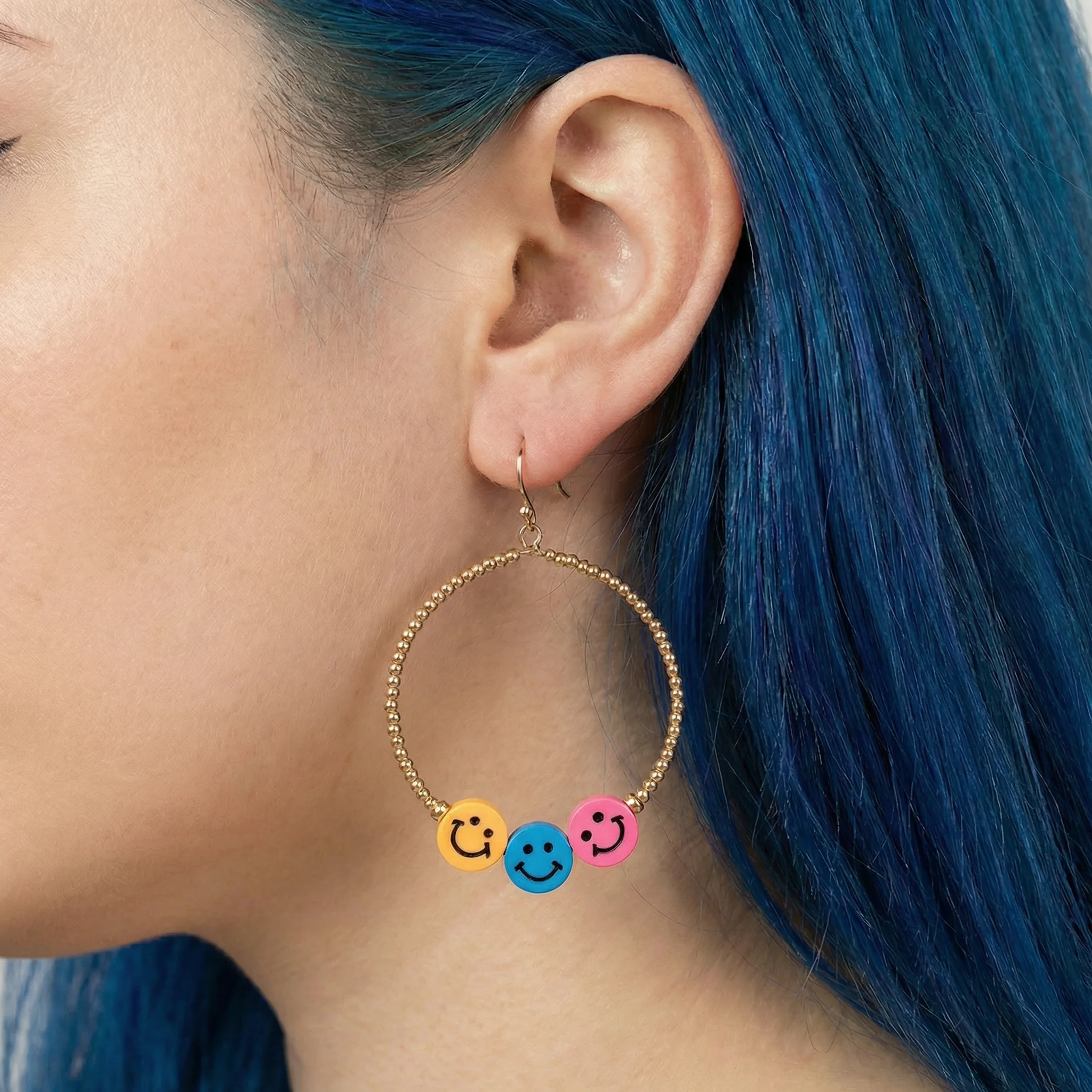 Smiley Face Hoop Earrings | Fun Colorful Statement Earrings | Multicolor or Yellow Options - Image 14