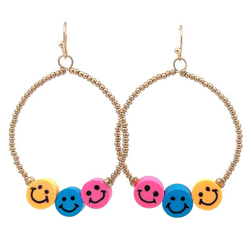 Smiley Face Hoop Earrings | Fun Colorful Statement Earrings | Multicolor or Yellow Options - Image 2
