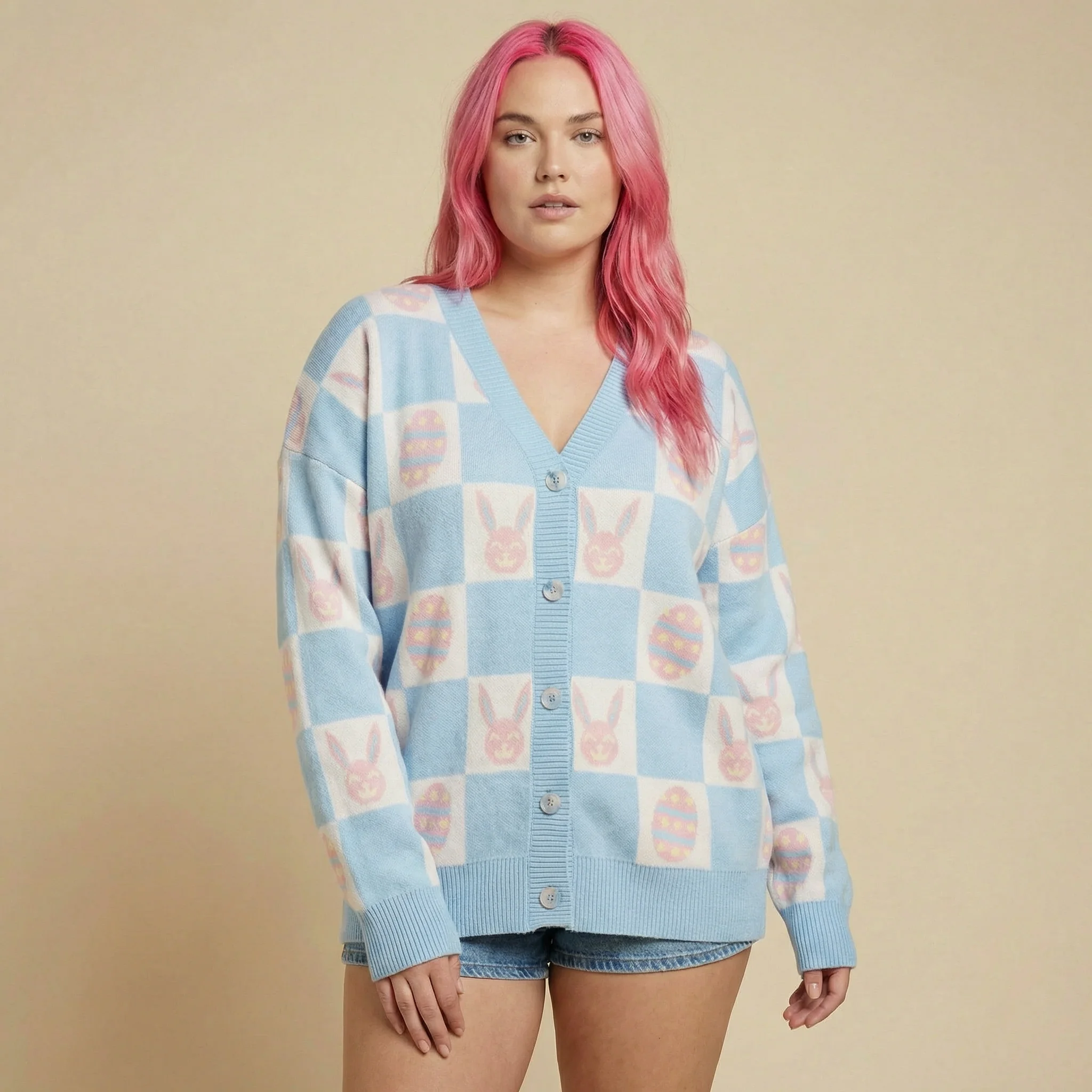 Easter Bunny Check Cardigan | Blue Bunny & Egg Knit Cardigan | Button Front Easter Sweater