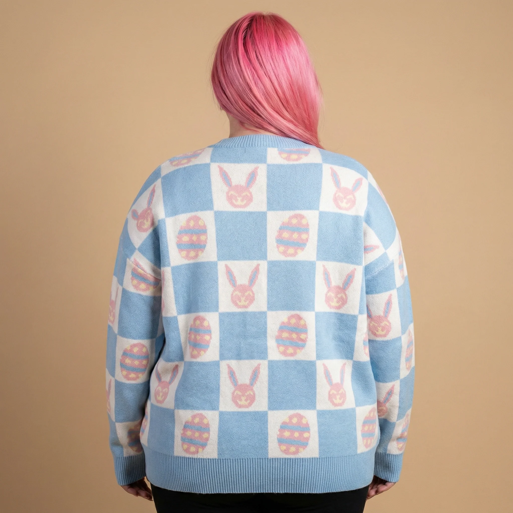 Easter Bunny Check Cardigan | Blue Bunny & Egg Knit Cardigan | Button Front Easter Sweater - Image 2