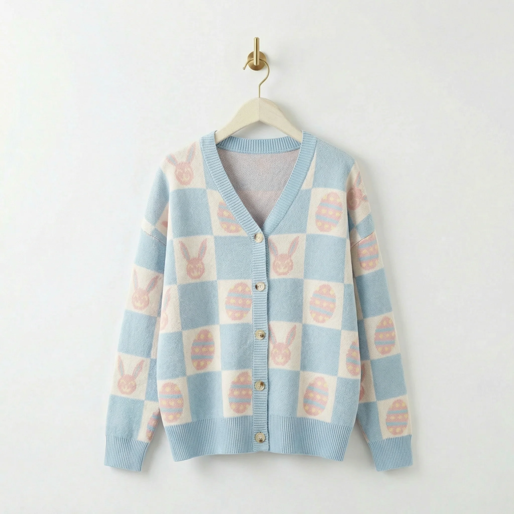 Easter Bunny Check Cardigan | Blue Bunny & Egg Knit Cardigan | Button Front Easter Sweater - Image 3