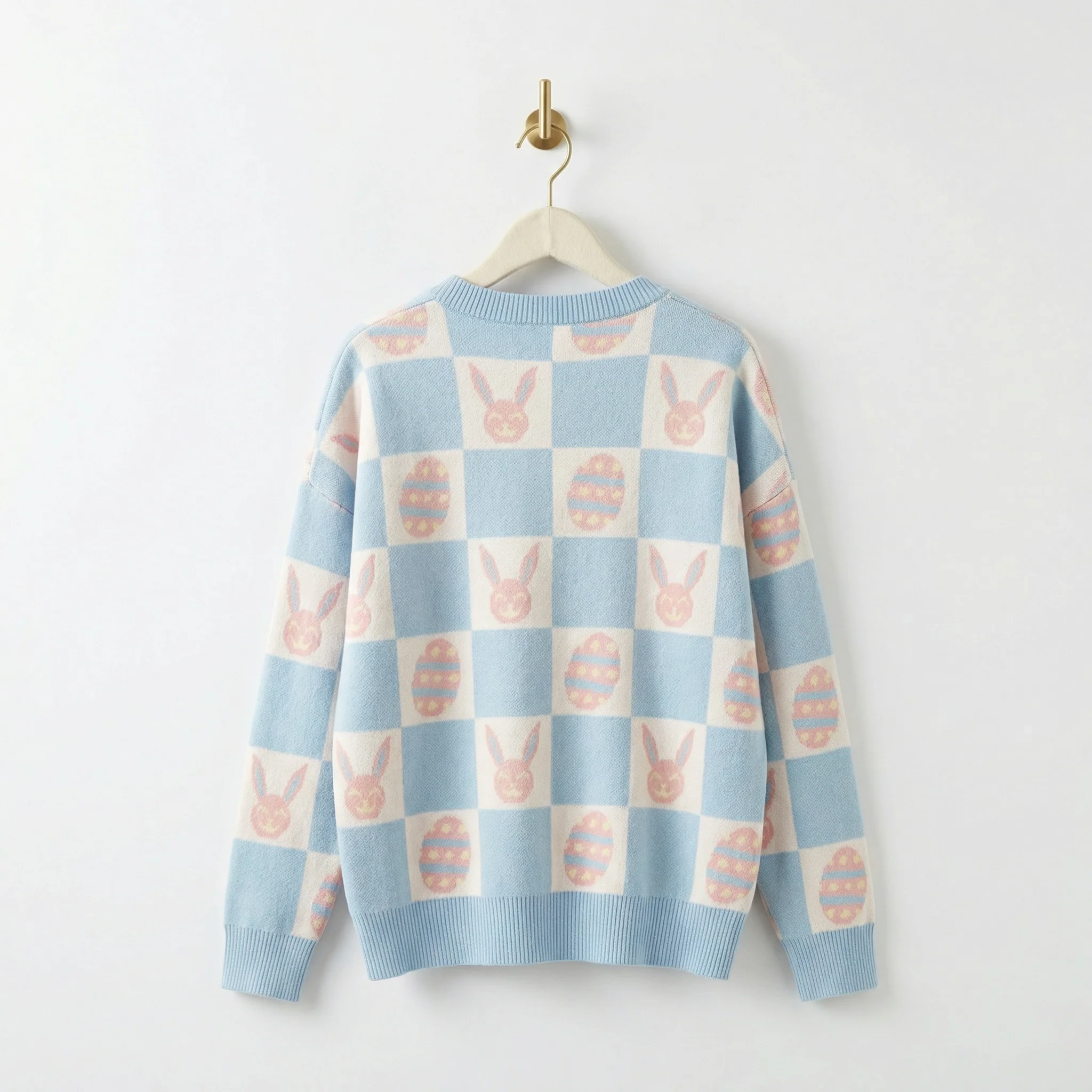 Easter Bunny Check Cardigan | Blue Bunny & Egg Knit Cardigan | Button Front Easter Sweater - Image 4