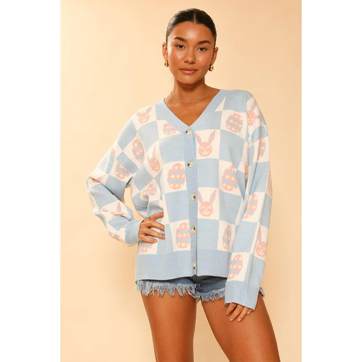 Easter Bunny Check Cardigan | Blue Bunny & Egg Knit Cardigan | Button Front Easter Sweater - Image 5