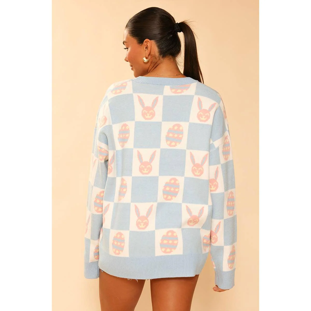 Easter Bunny Check Cardigan | Blue Bunny & Egg Knit Cardigan | Button Front Easter Sweater - Image 6