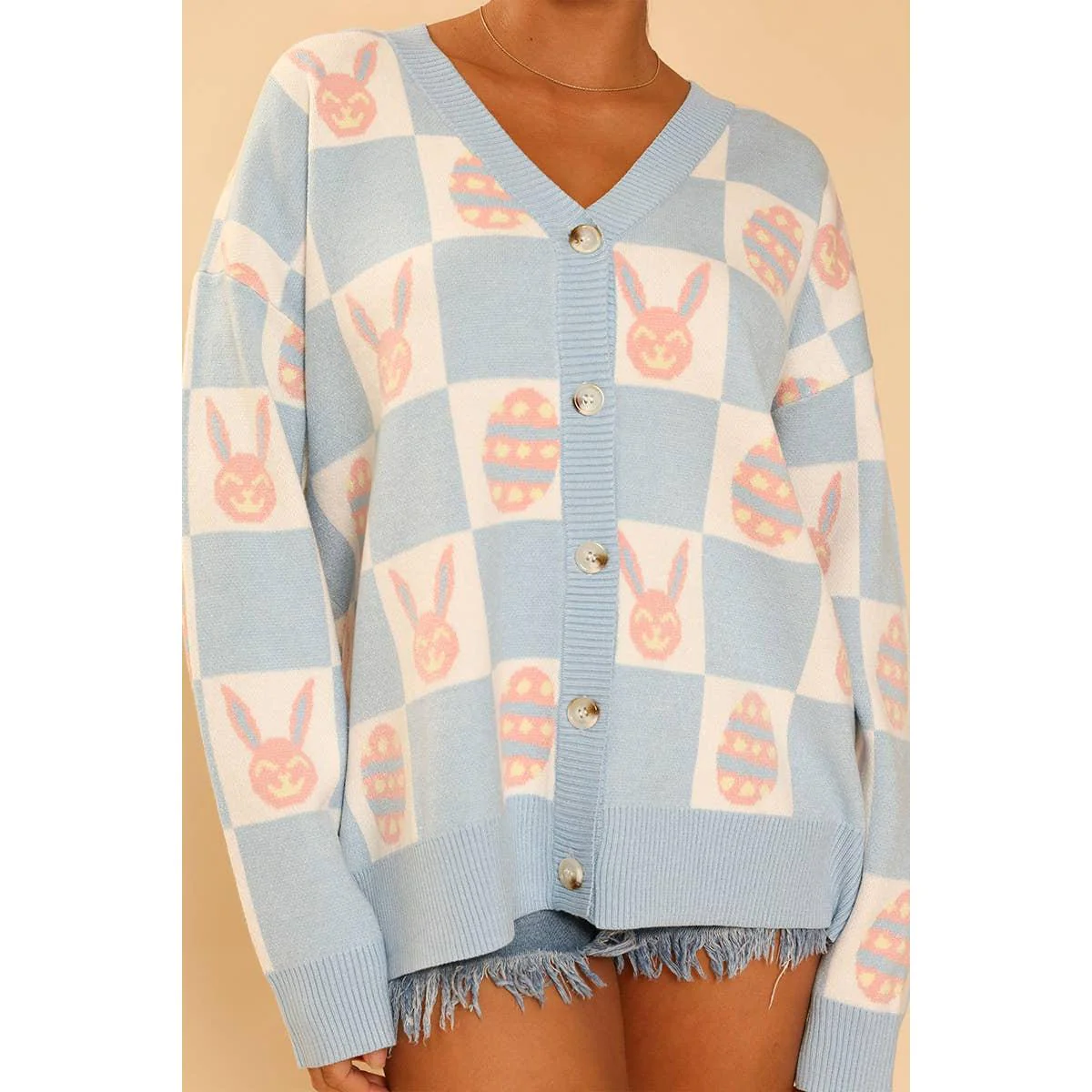 Easter Bunny Check Cardigan | Blue Bunny & Egg Knit Cardigan | Button Front Easter Sweater - Image 7