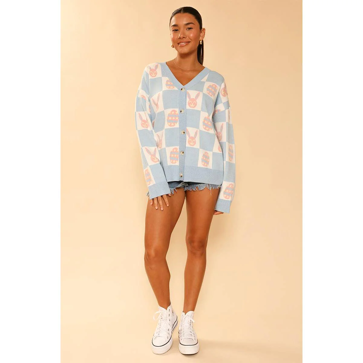 Easter Bunny Check Cardigan | Blue Bunny & Egg Knit Cardigan | Button Front Easter Sweater - Image 8