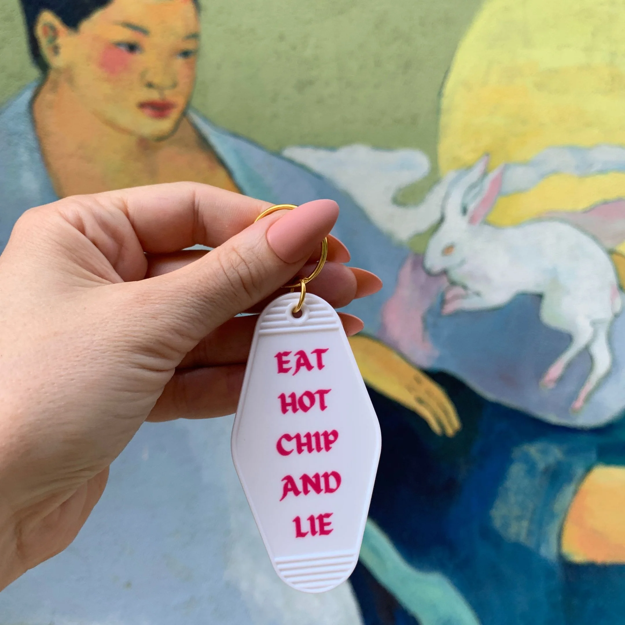 Eat Hot Chip and Lie Motel Style Keychain in White - Image 5
