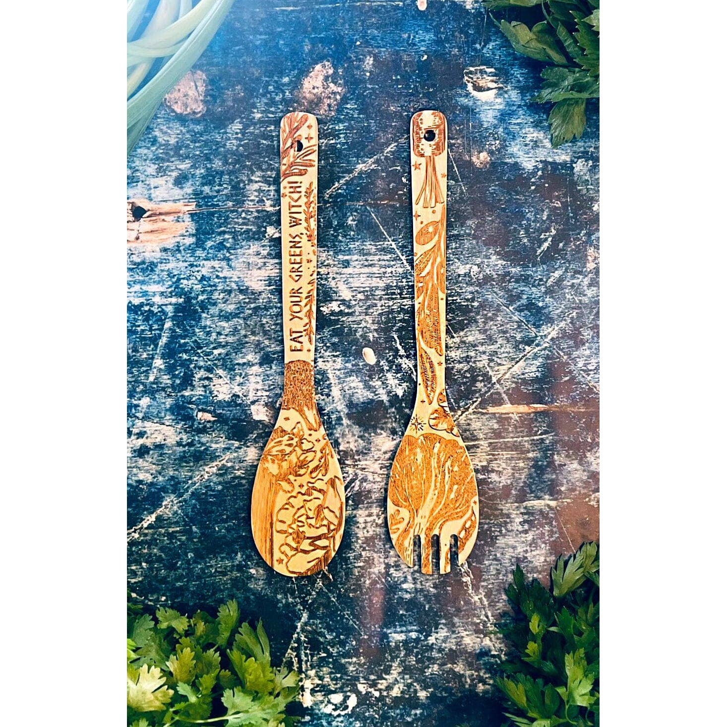 Eat Your Greens Witch Witchy Bamboo Salad Server Set | Engraved Eco-Friendly Utensils | Serving Spoon and Fork - Image 14
