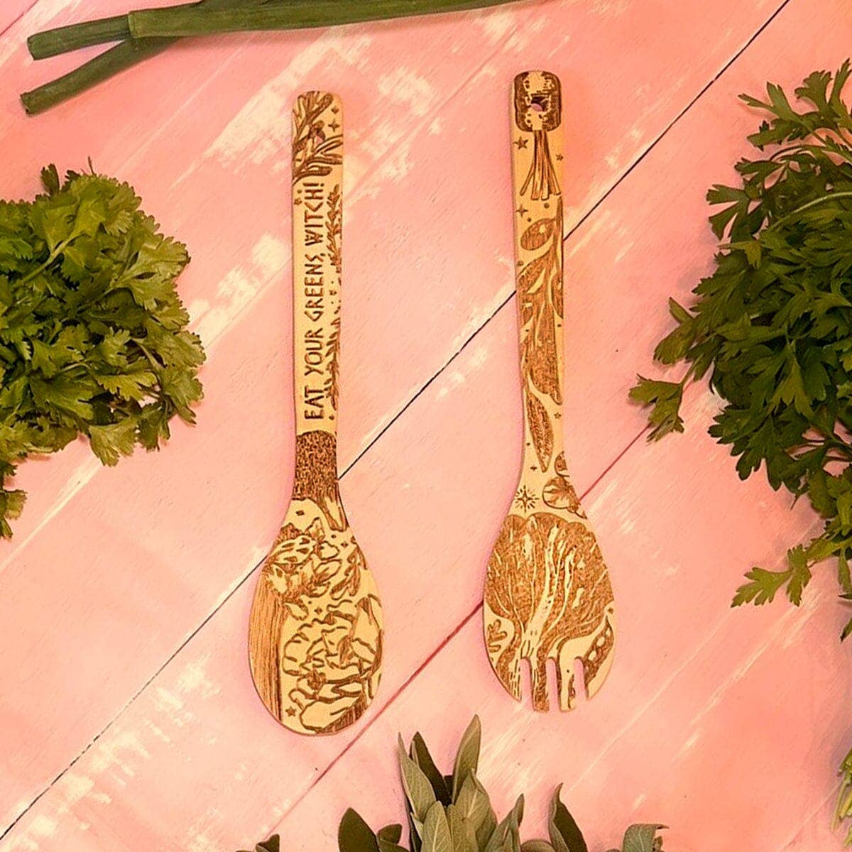 Eat Your Greens Witch Witchy Bamboo Salad Server Set | Engraved Eco-Friendly Utensils | Serving Spoon and Fork - Image 2