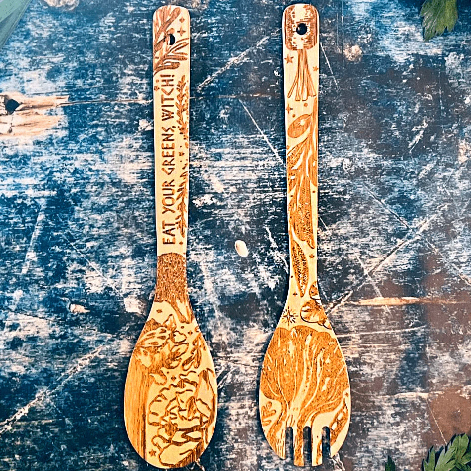 Eat Your Greens Witch Witchy Bamboo Salad Server Set | Engraved Eco-Friendly Utensils | Serving Spoon and Fork - Image 3