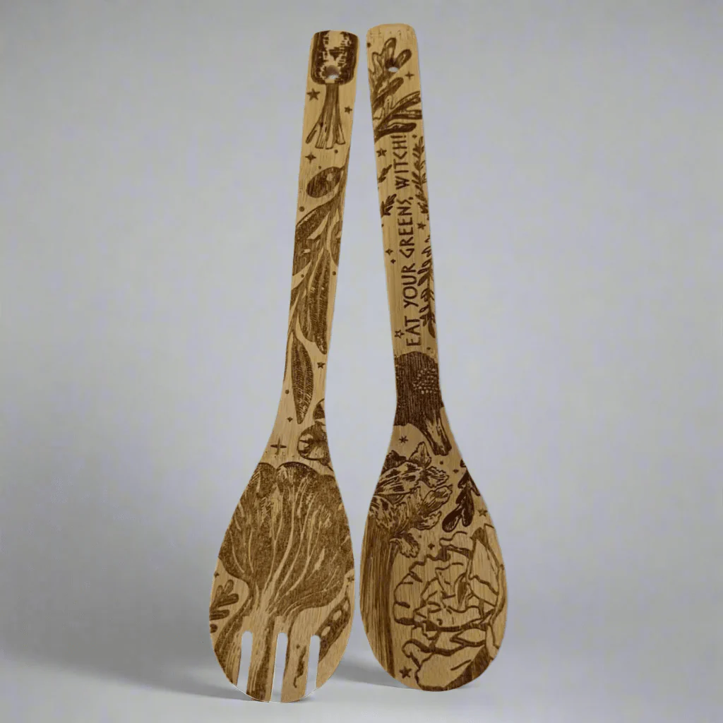 Eat Your Greens Witch Witchy Bamboo Salad Server Set | Engraved Eco-Friendly Utensils | Serving Spoon and Fork - Image 4