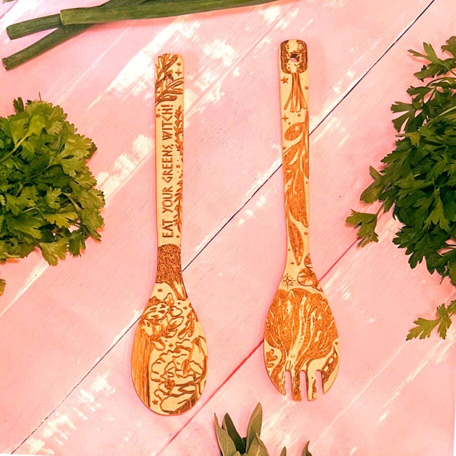 Eat Your Greens Witch Witchy Bamboo Salad Server Set | Engraved Eco-Friendly Utensils | Serving Spoon and Fork - Image 5