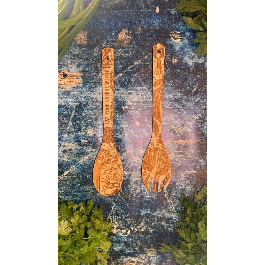 Eat Your Greens Witch Witchy Bamboo Salad Server Set | Engraved Eco-Friendly Utensils | Serving Spoon and Fork - Image 6