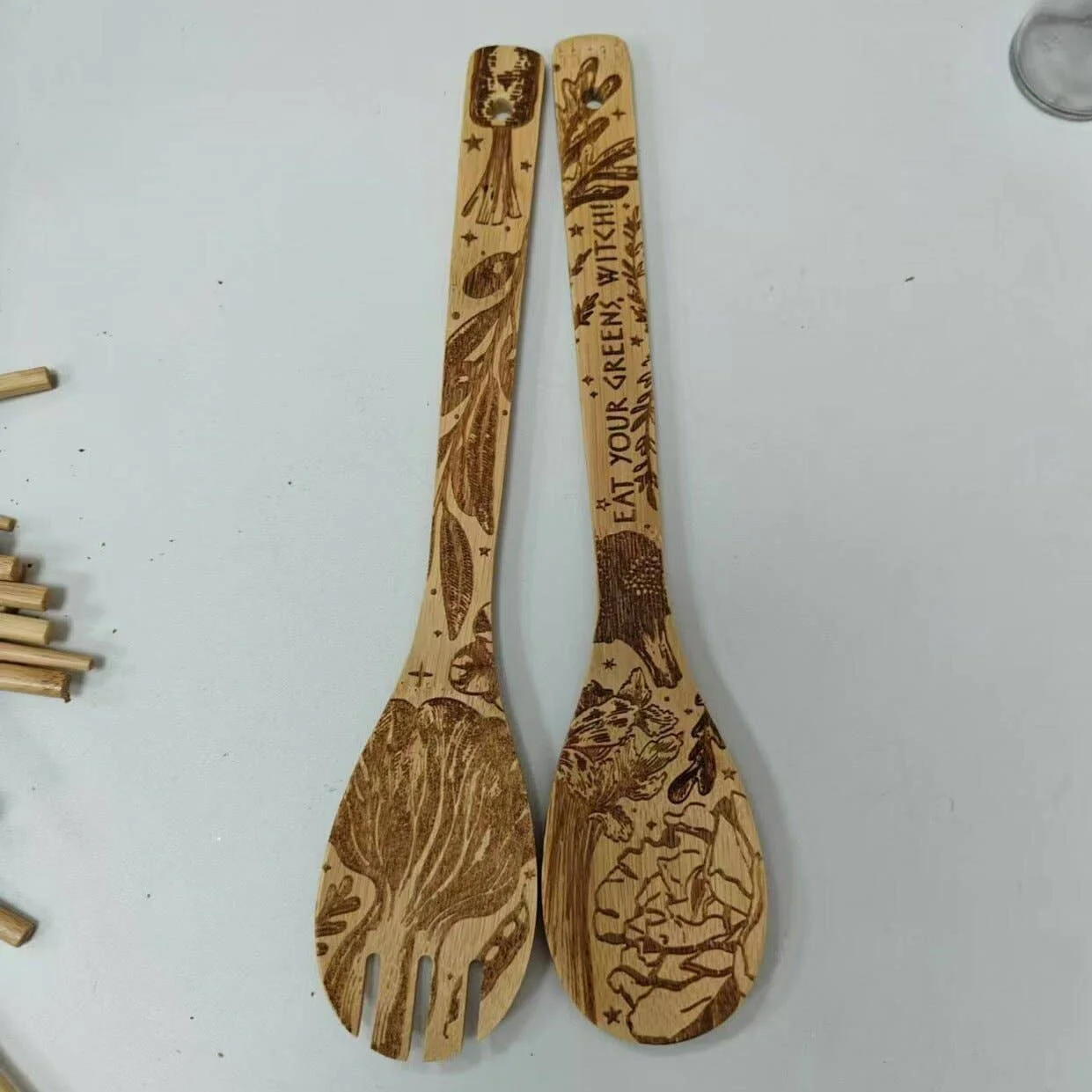 Eat Your Greens Witch Witchy Bamboo Salad Server Set | Engraved Eco-Friendly Utensils | Serving Spoon and Fork - Image 7
