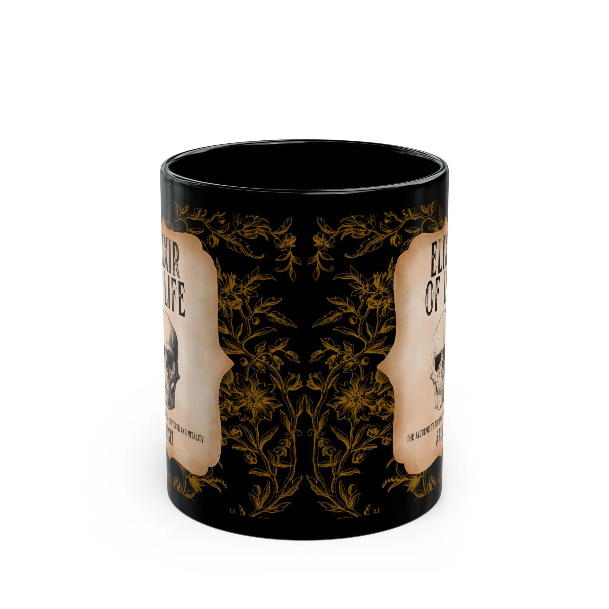 Elixir of Life The Alchemist's Formula for Youth and Vitality 11oz Black Coffee Mug with Vintage Skull Motif - Image 3
