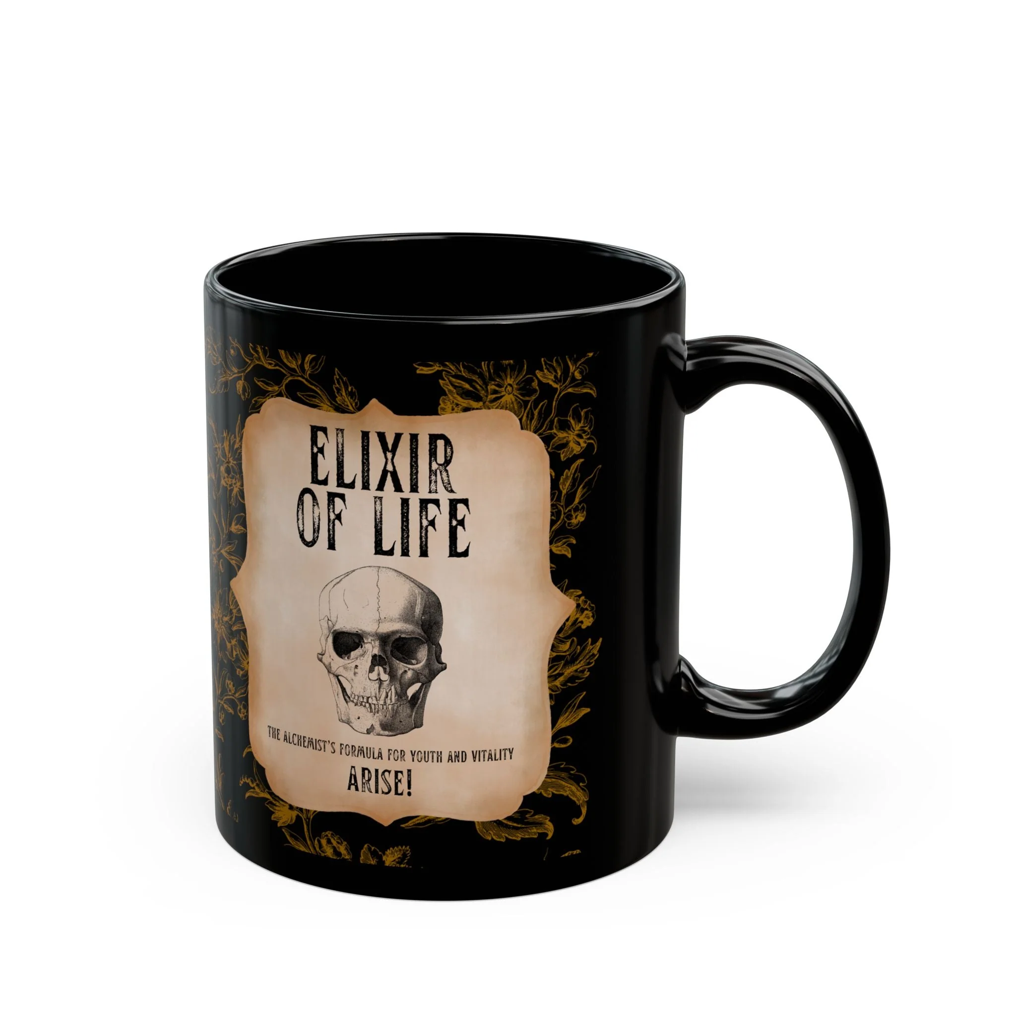 Elixir of Life The Alchemist's Formula for Youth and Vitality 11oz Black Coffee Mug with Vintage Skull Motif - Image 4