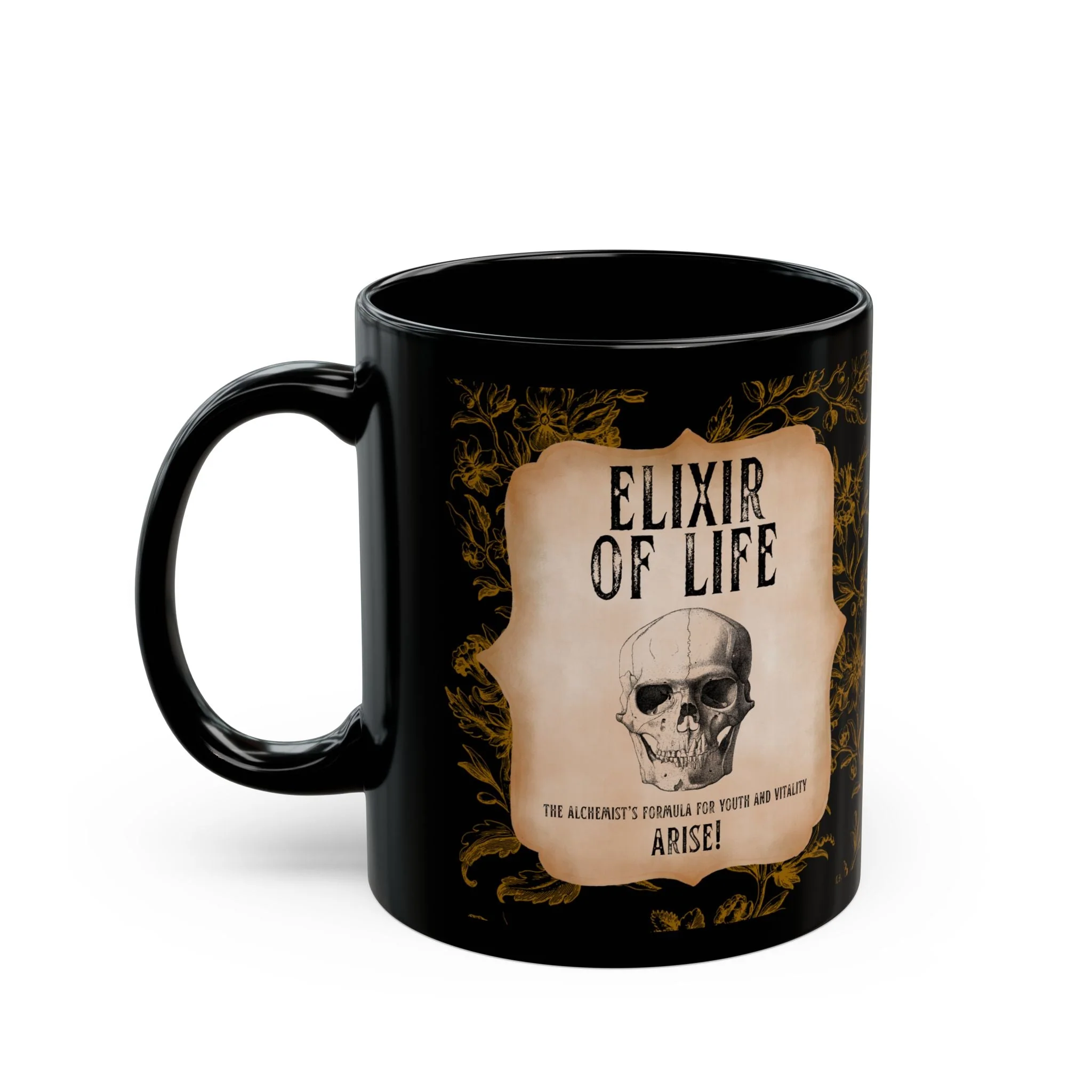Elixir of Life The Alchemist's Formula for Youth and Vitality 11oz Black Coffee Mug with Vintage Skull Motif - Image 5