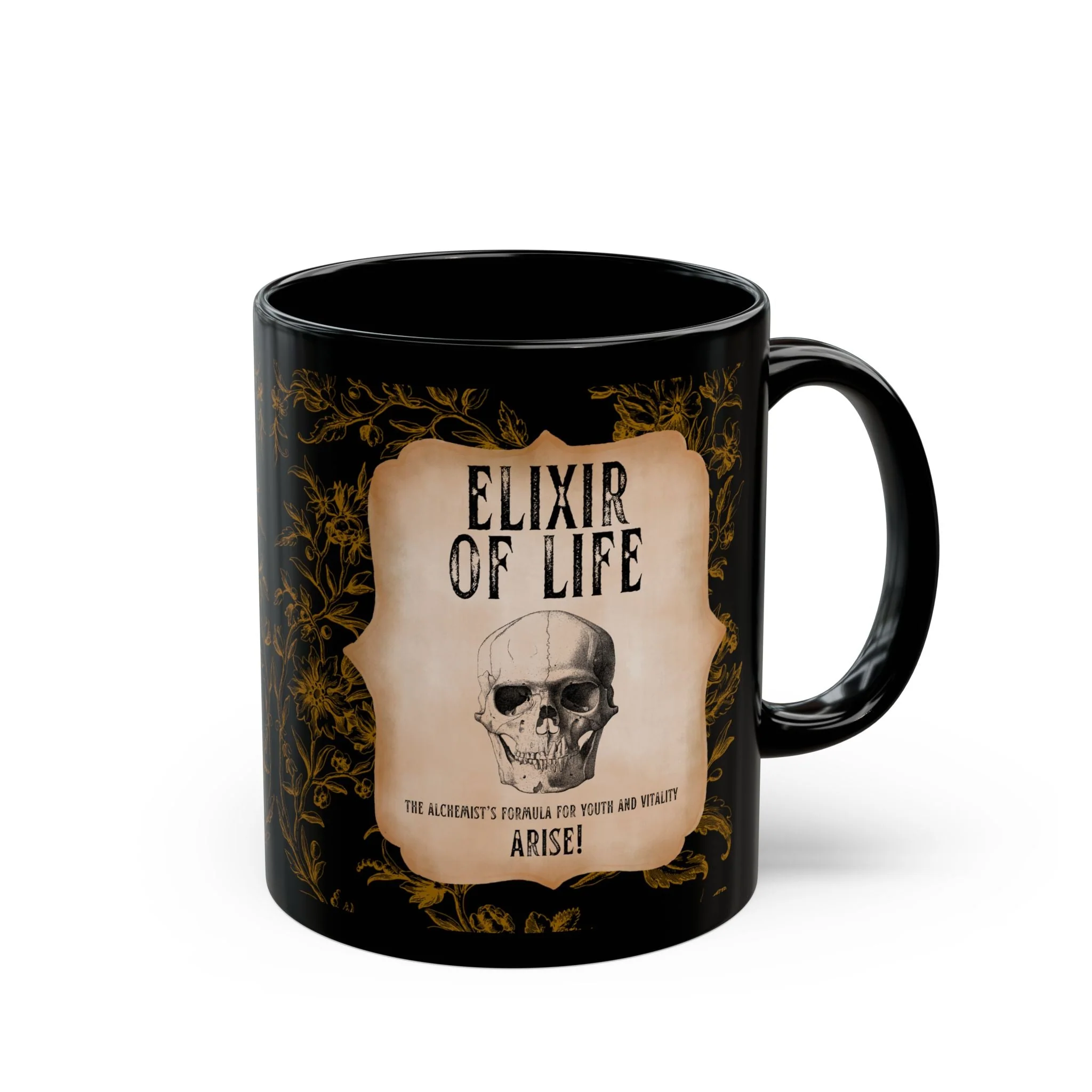 Elixir of Life The Alchemist's Formula for Youth and Vitality 11oz Black Coffee Mug with Vintage Skull Motif - Image 7