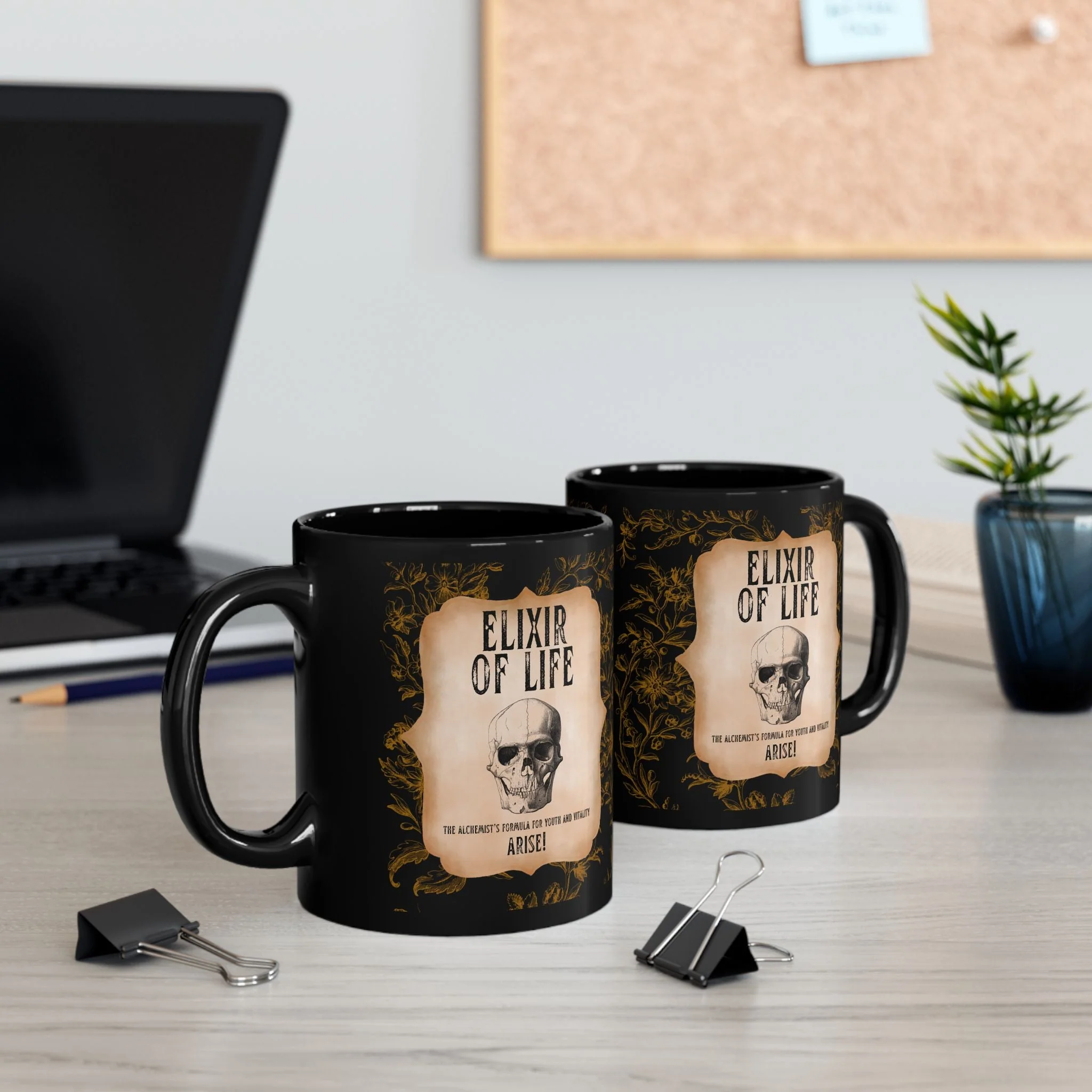 Elixir of Life The Alchemist's Formula for Youth and Vitality 11oz Black Coffee Mug with Vintage Skull Motif - Image 8