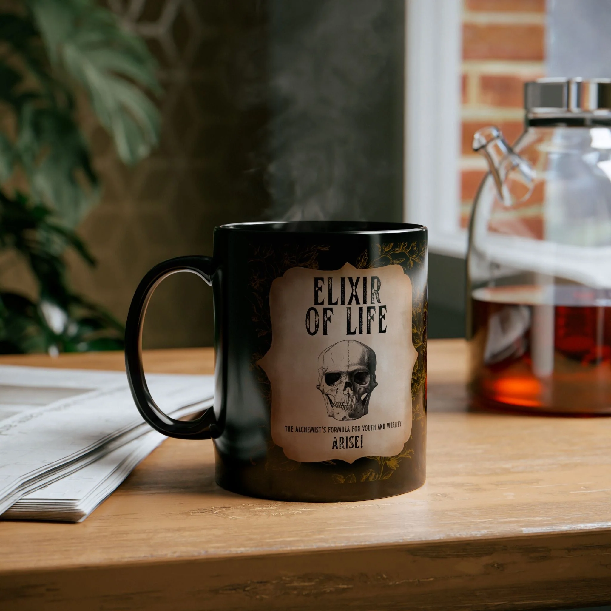 Elixir of Life The Alchemist's Formula for Youth and Vitality 11oz Black Coffee Mug with Vintage Skull Motif - Image 9