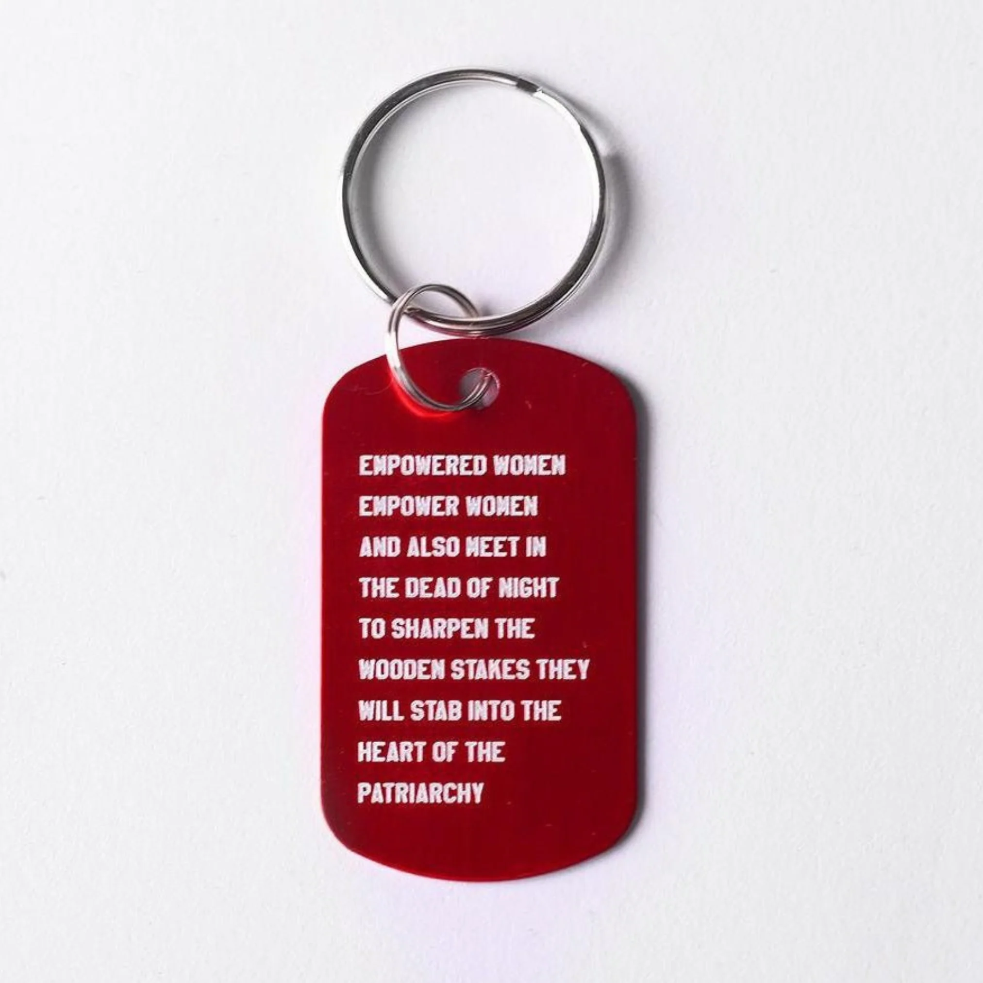 Empowered Women Empower Women And Also Meet in the Dead of Night Feminist Dog Tag Keychain in Red with Silver Lettering - Image 2