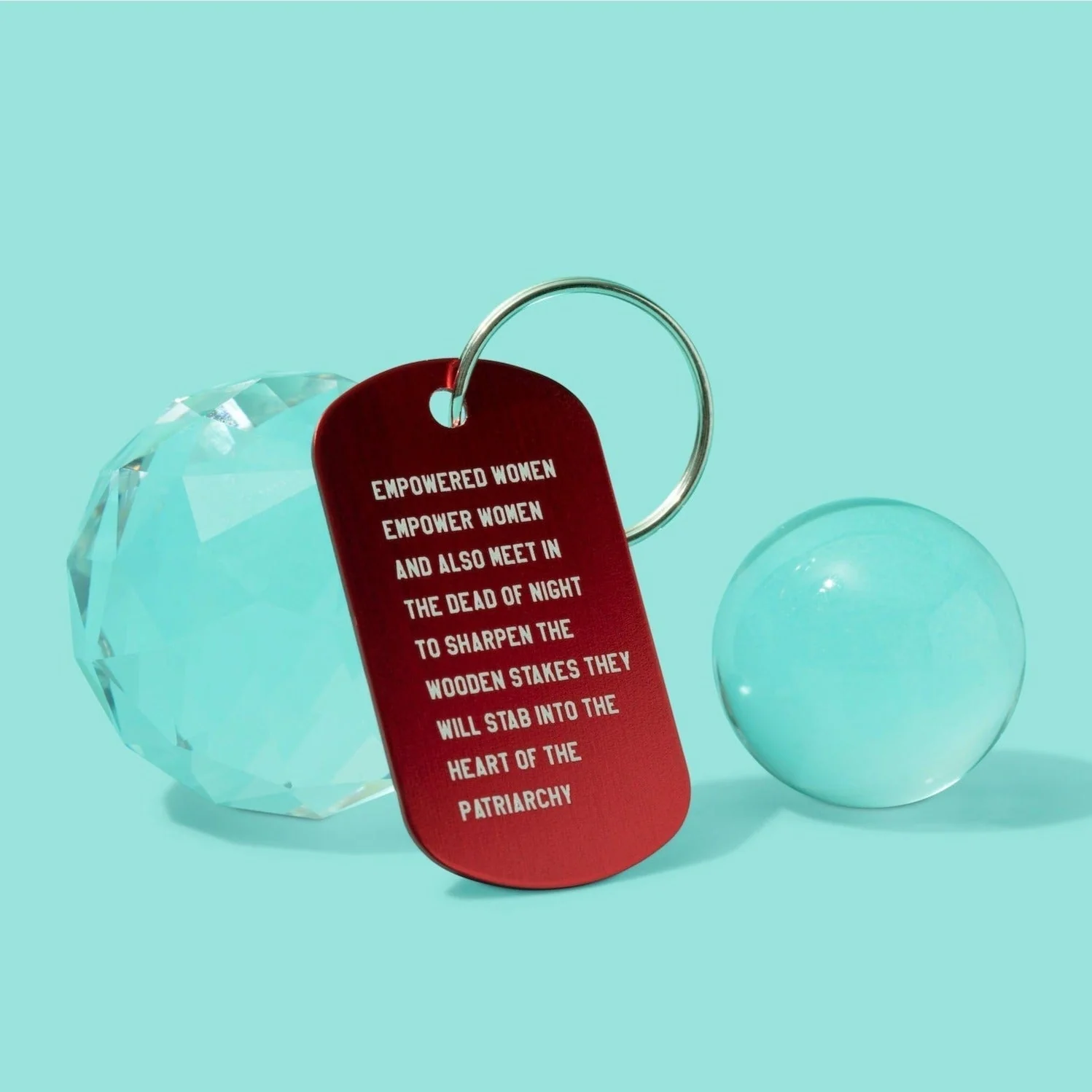 Empowered Women Empower Women And Also Meet in the Dead of Night Feminist Dog Tag Keychain in Red with Silver Lettering - Image 3