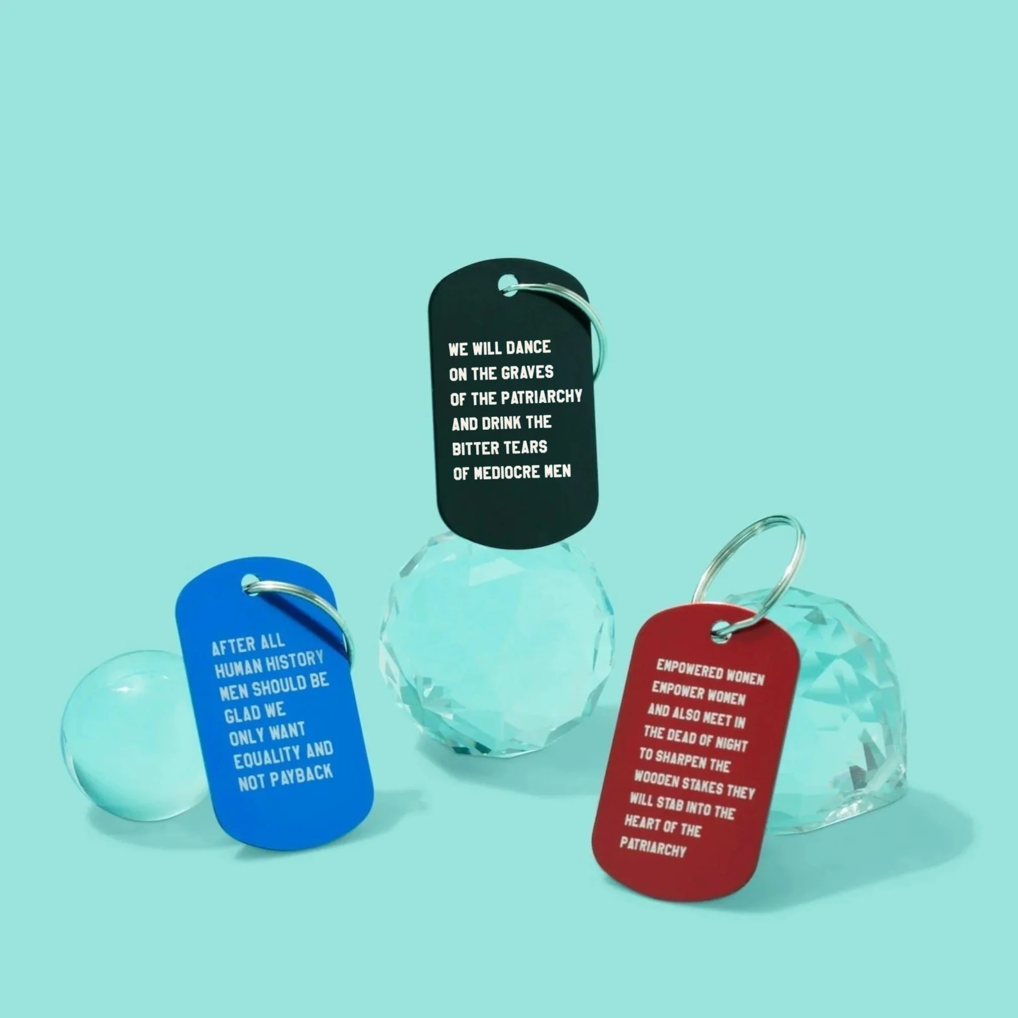 Empowered Women Empower Women And Also Meet in the Dead of Night Feminist Dog Tag Keychain in Red with Silver Lettering - Image 4