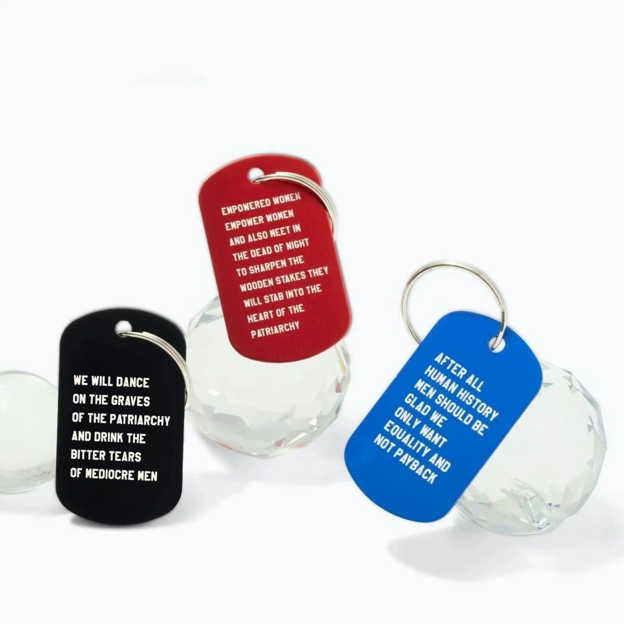 Empowered Women Empower Women And Also Meet in the Dead of Night Feminist Dog Tag Keychain in Red with Silver Lettering - Image 7
