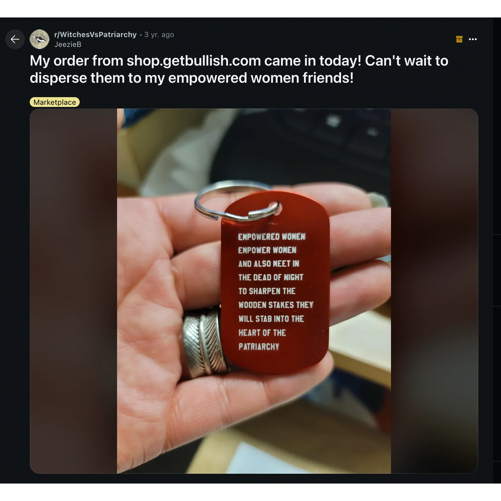 Empowered Women Empower Women And Also Meet in the Dead of Night Feminist Dog Tag Keychain in Red with Silver Lettering - Image 8