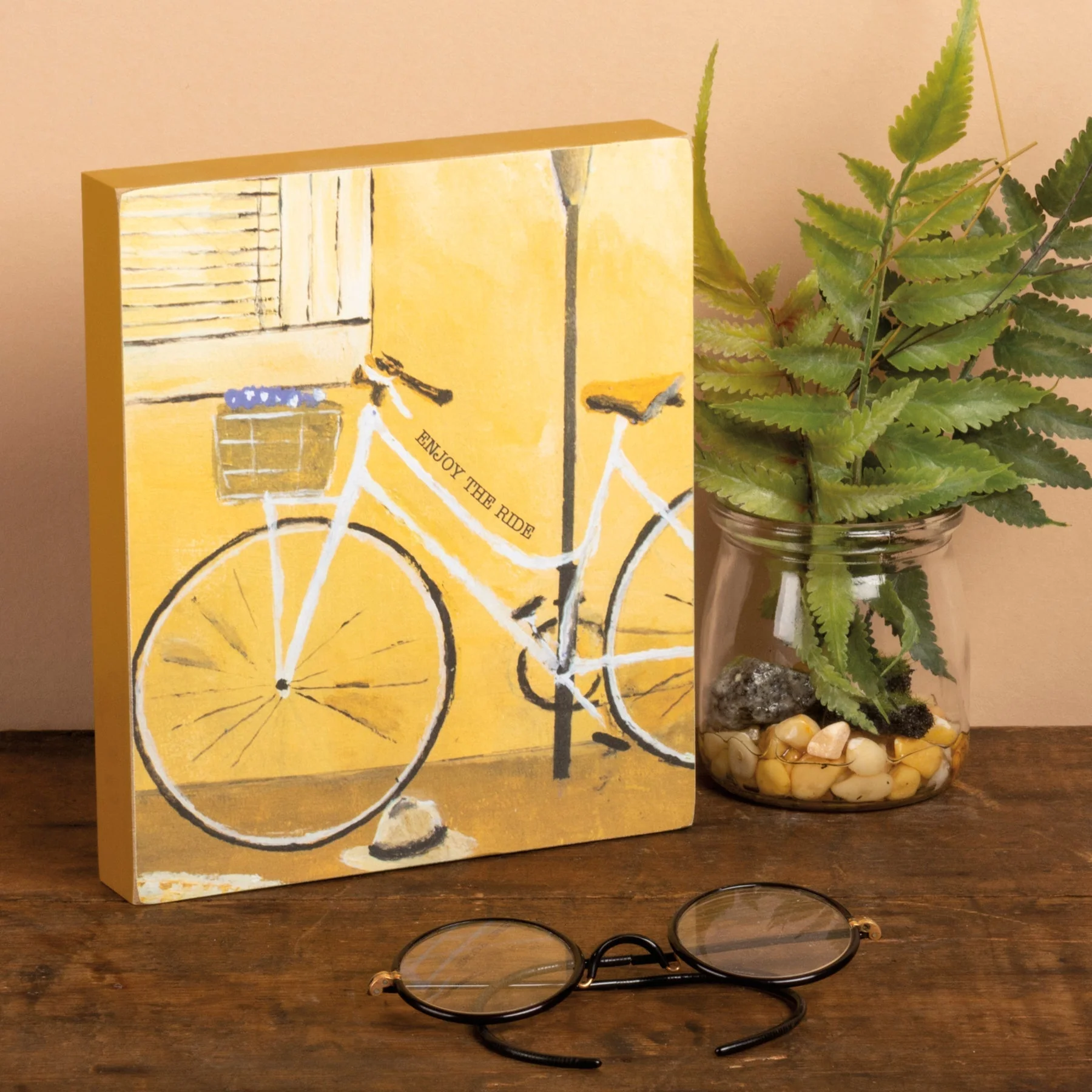 Enjoy The Ride Inspo Block Sign | Urban Bicycle Wooden Desk Wall Decor | 6" x 7" - Image 3