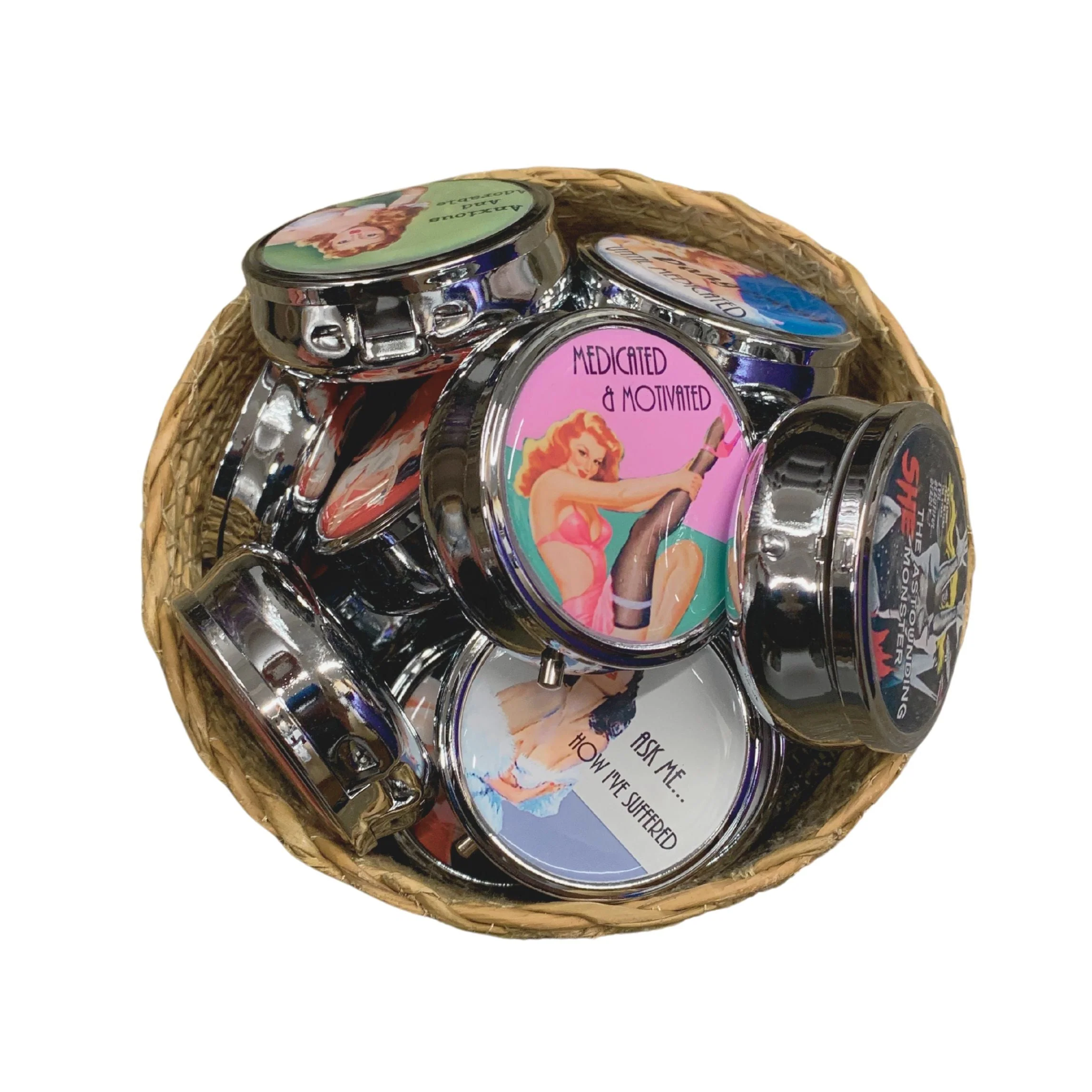 Even My Anxiety Has Anxiety Pill Box | Handmade 2.25" Round Pill Case | Retro Pinup Art Self Care Mental Health - Image 5