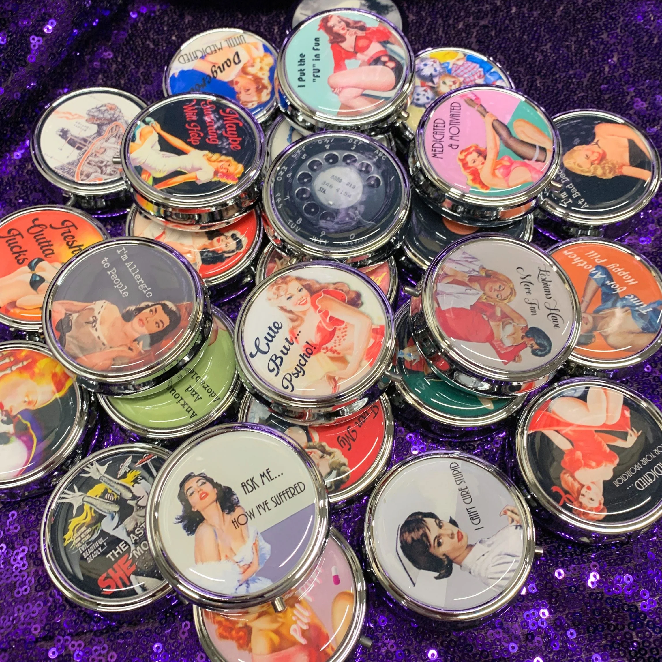 Even My Anxiety Has Anxiety Pill Box | Handmade 2.25" Round Pill Case | Retro Pinup Art Self Care Mental Health - Image 6