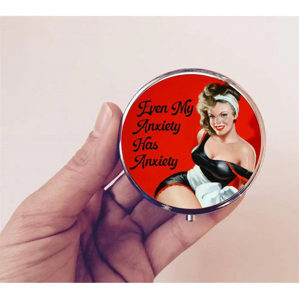 Even My Anxiety Has Anxiety Pill Box | Handmade 2.25" Round Pill Case | Retro Pinup Art Self Care Mental Health - Image 7