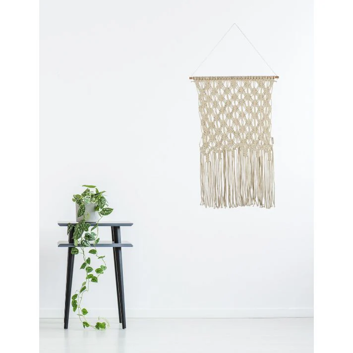 Extra Large Ivory Fringe Hand Knotted Macrame Wall Hanging | 24" x 35" - Image 9