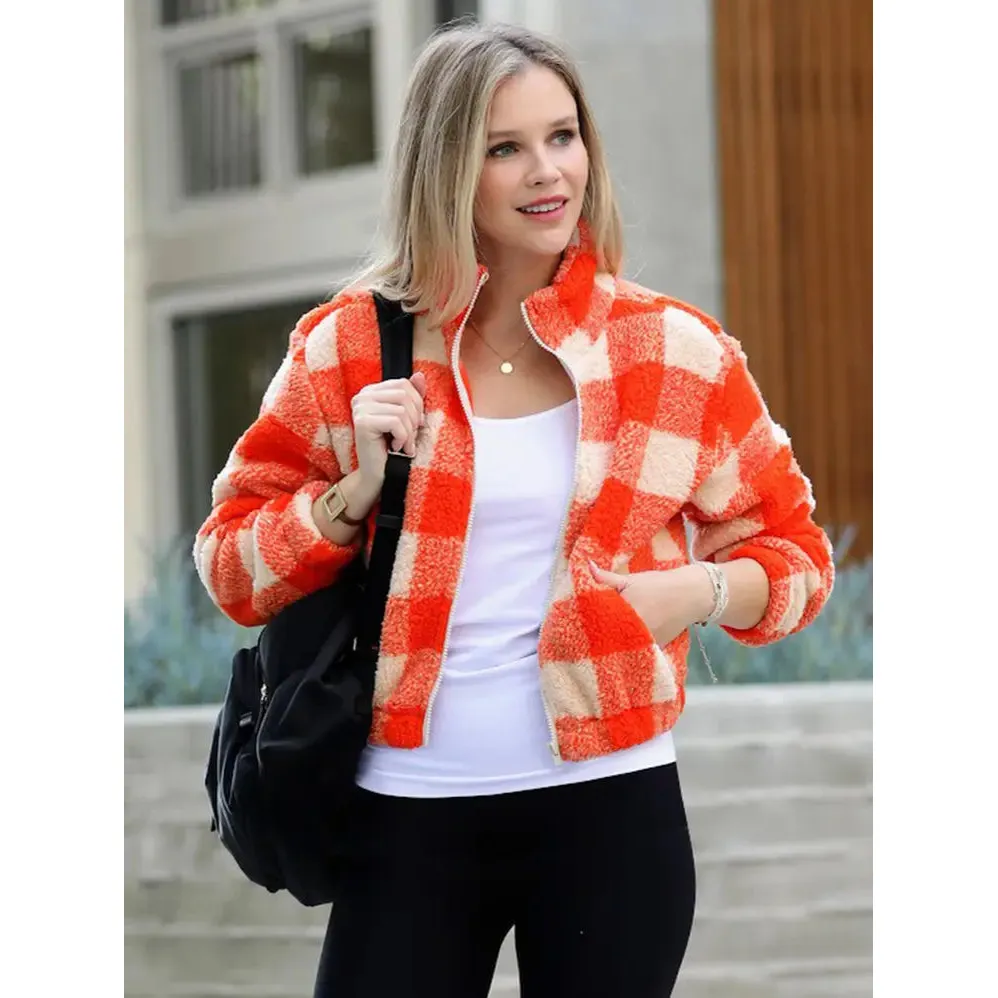 The Picnic Blanket Jacket | Plaid Faux Fur Coat in Blue or Orange [Sizes SM-L] - Image 12