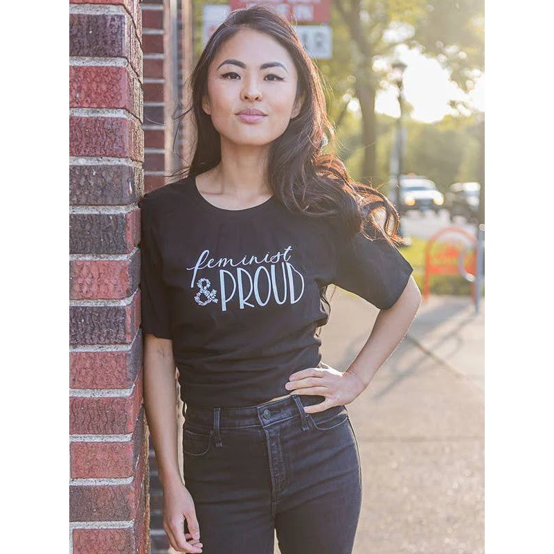 [SM-2X] Fair Trade Feminist and Proud Tee Tapered Women's Cut in Black Supersoft Organic Cotton - Image 2