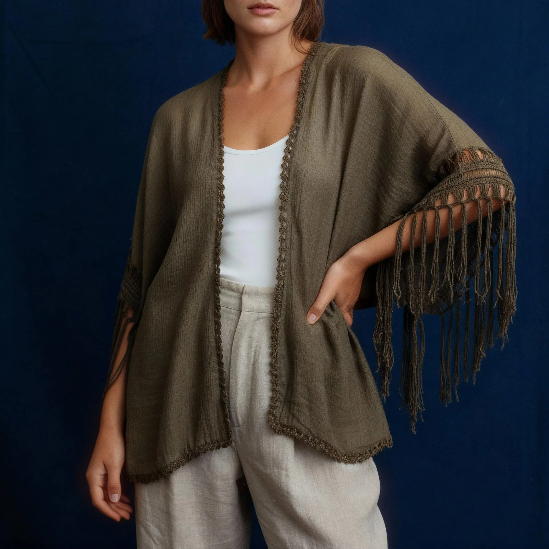 Crochet Back Tasseled Kimono | Bohemian Theme Cardigan Beachwear Cover-up - Image 5