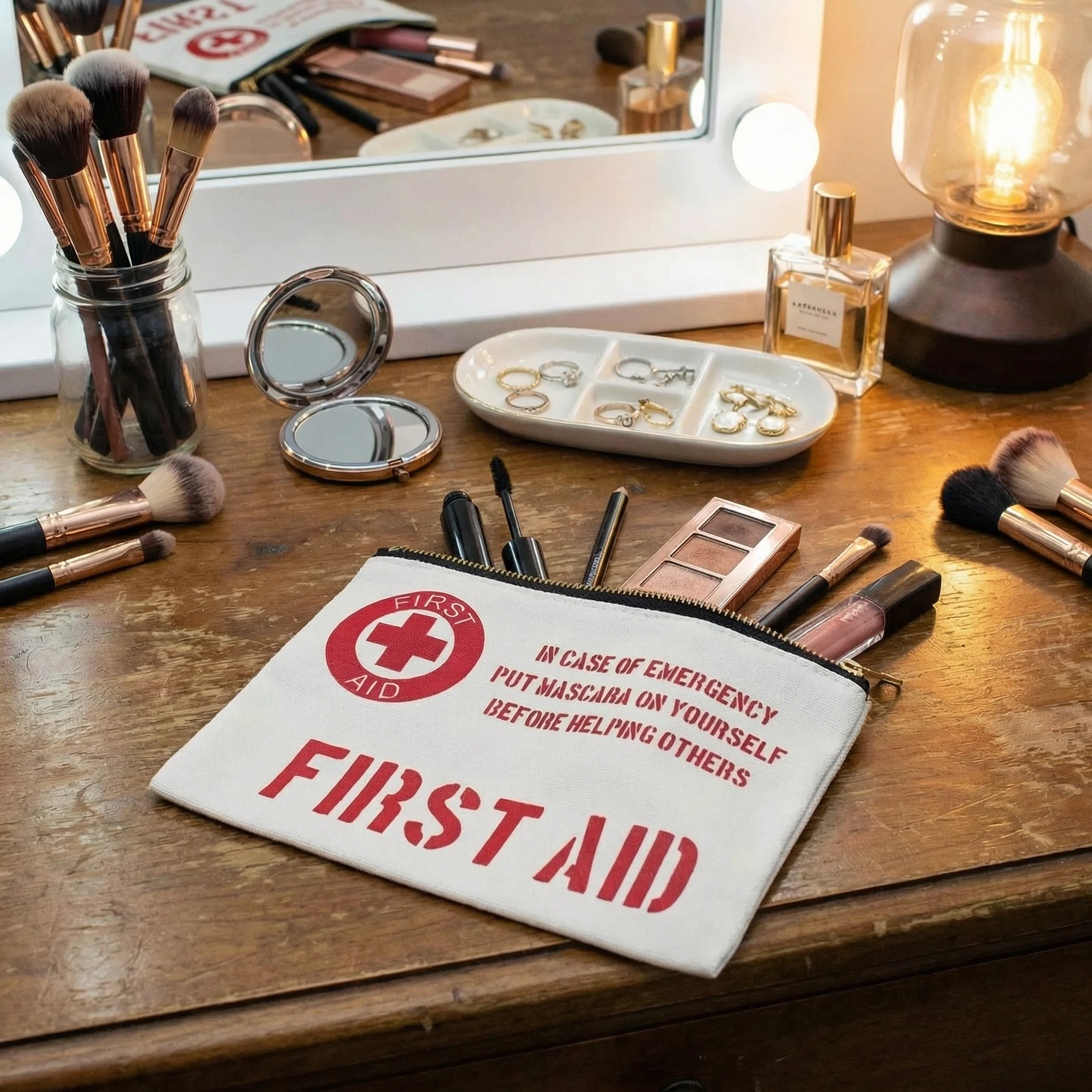 First Aid Makeup Bag | Cotton Canvas Travel Cosmetic Pouch | Small Zipper Toiletry Bag - Image 6