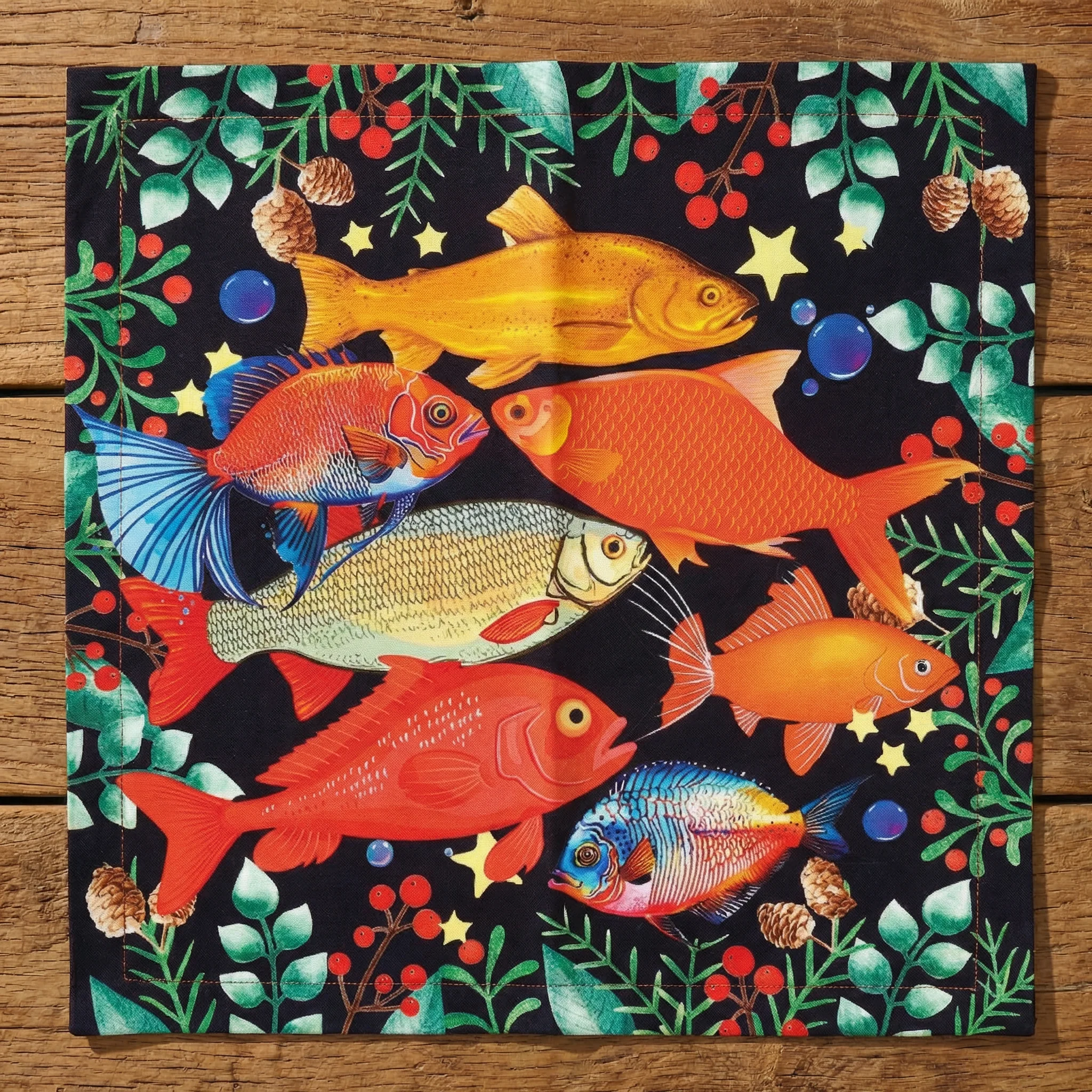 Fishes Cloth Napkins Set of 4 | Tropical Fish Cotton Napkins on Black Background - Image 3