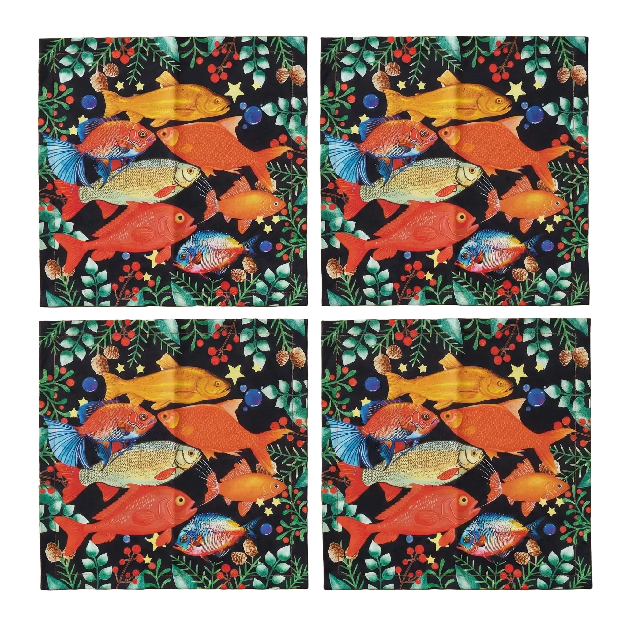 Fishes Cloth Napkins Set of 4 | Tropical Fish Cotton Napkins on Black Background - Image 4