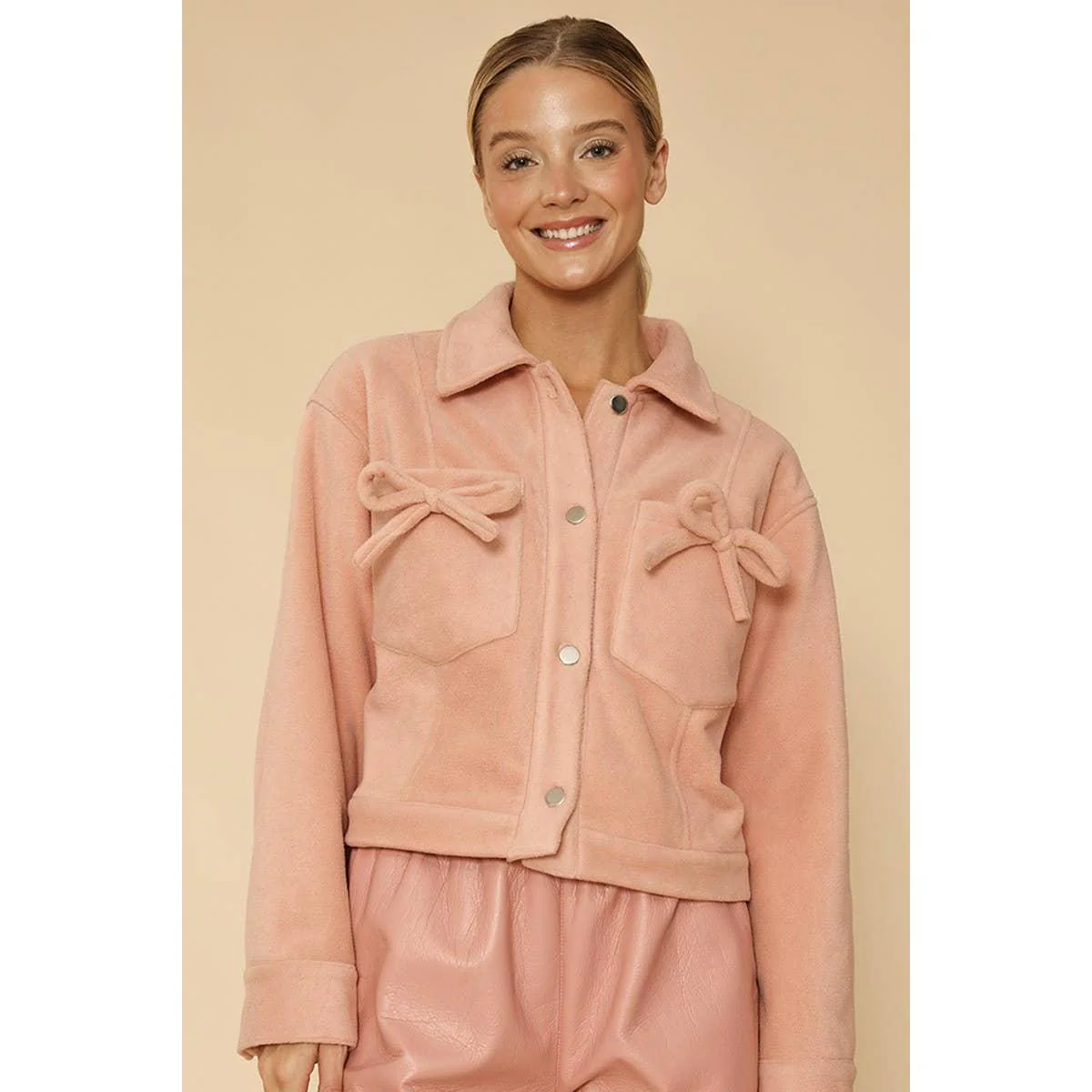 Peach Fleece Bow Jacket | Cropped Button Front Jacket with Bow Pocket Details