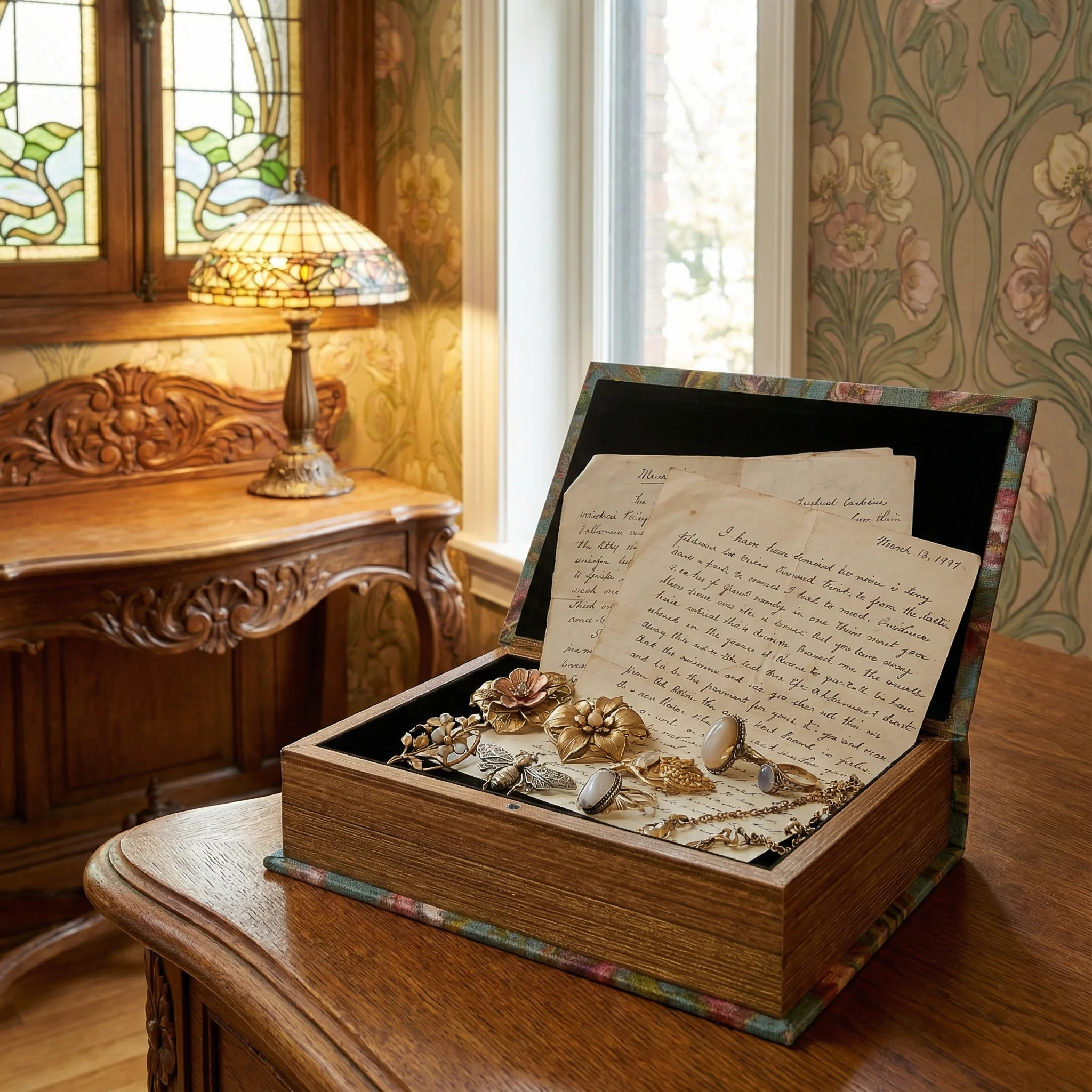 Floral Nouveau Book Box Set Of 2 | Vintage Designs Book Shaped Trinket Storage Box - Image 2