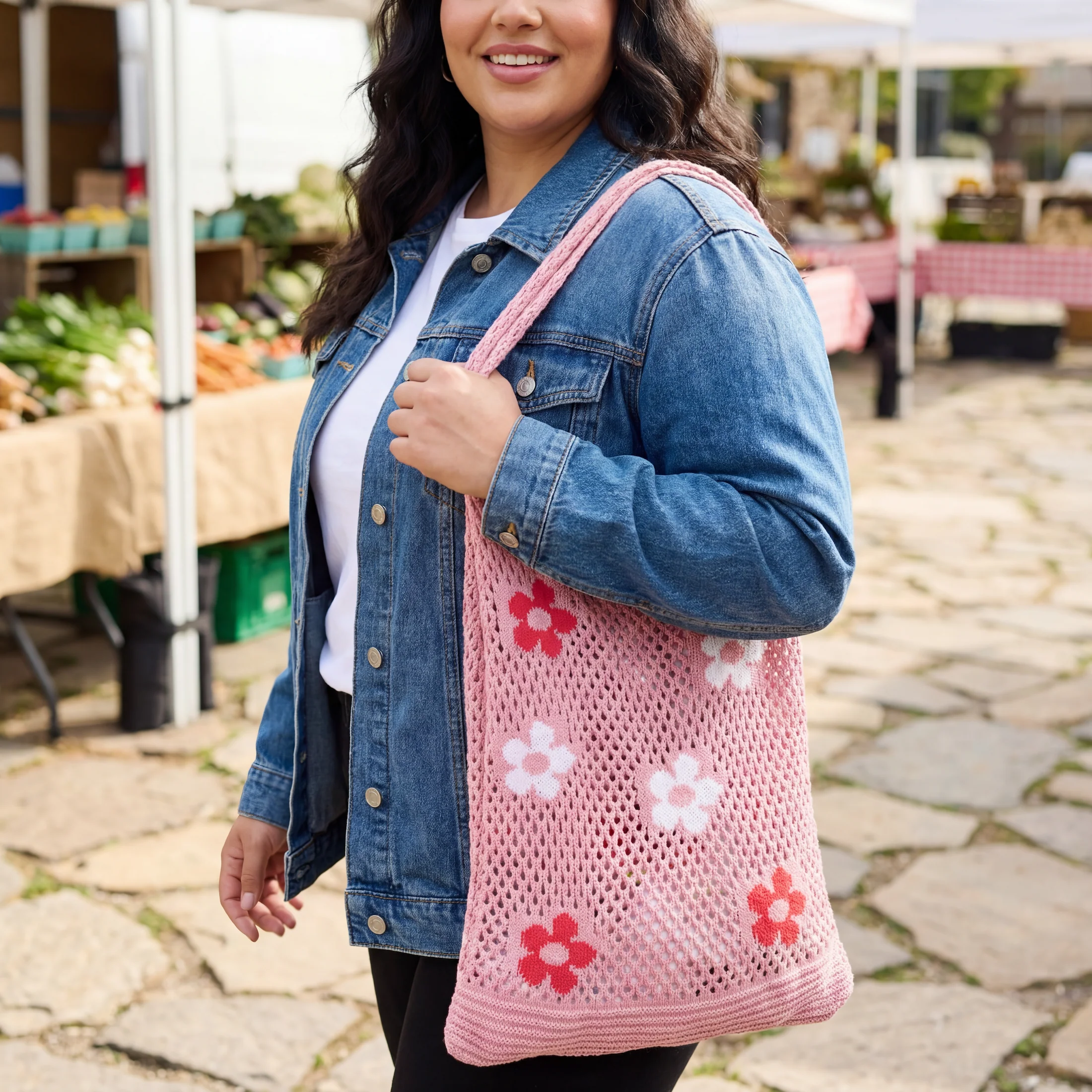 Hippie Boho Knitted Flower Tote | Floral Print Soft Shoulder Bag in Groovy Pink - Image 8