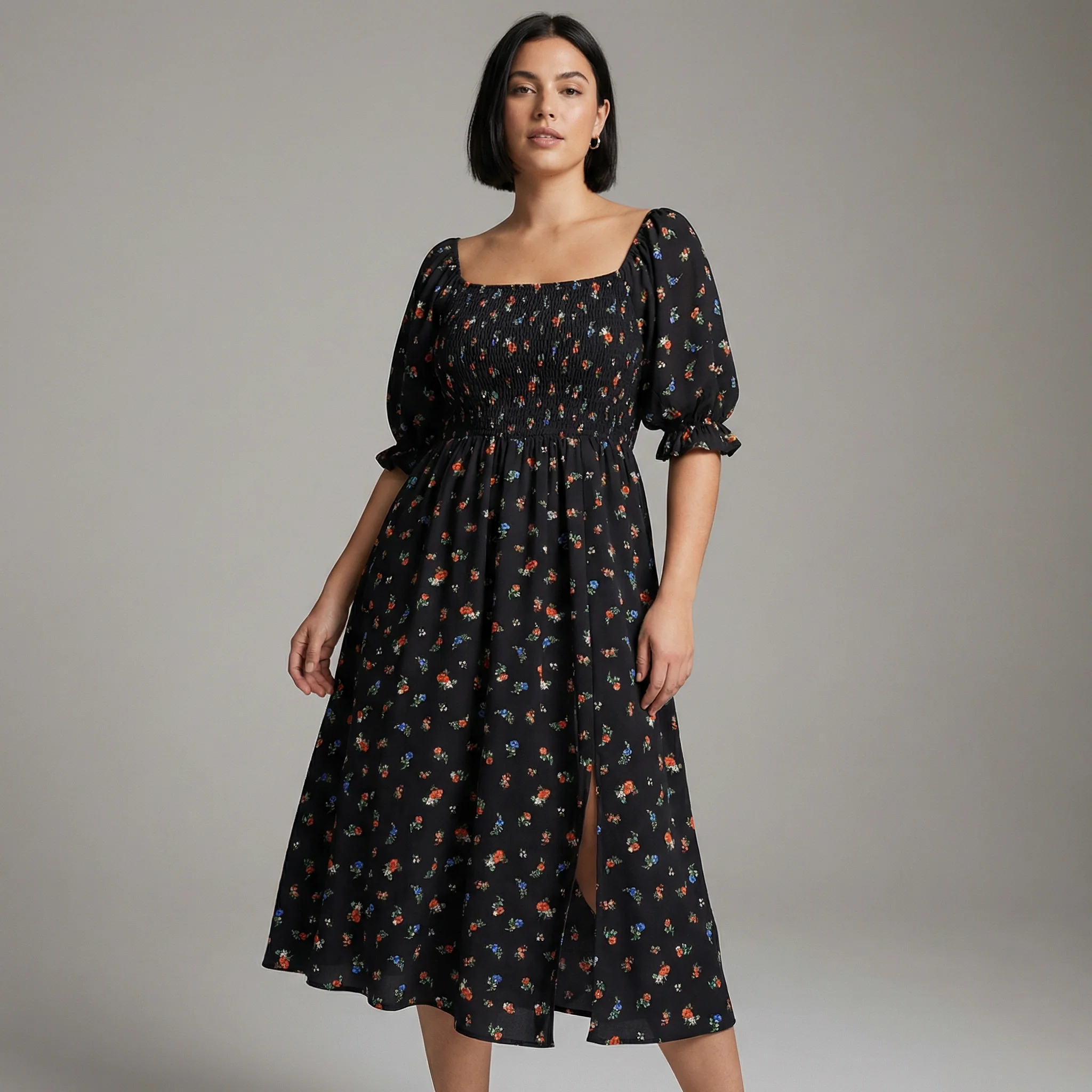 Floral Smocked Midi Dress | Black, Pink & Yellow Puff Sleeve Dress | Square Neck Smocked Dress - Image 4