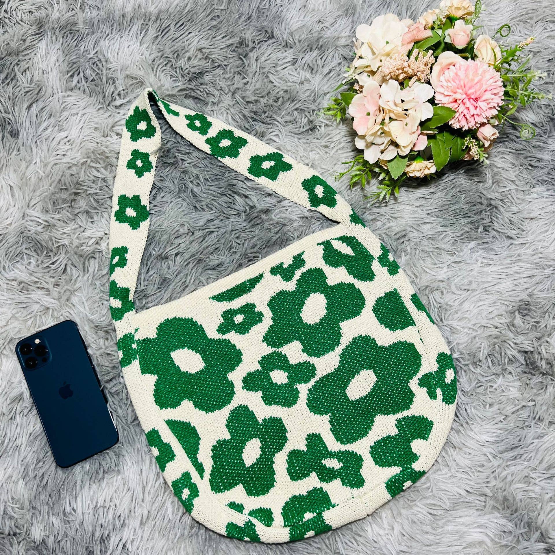 Knitted Single Strap Large Shoulder Tote Bag in Dark Green Flower Designs | 100%Acrylic / One Size | Handbag - Image 2