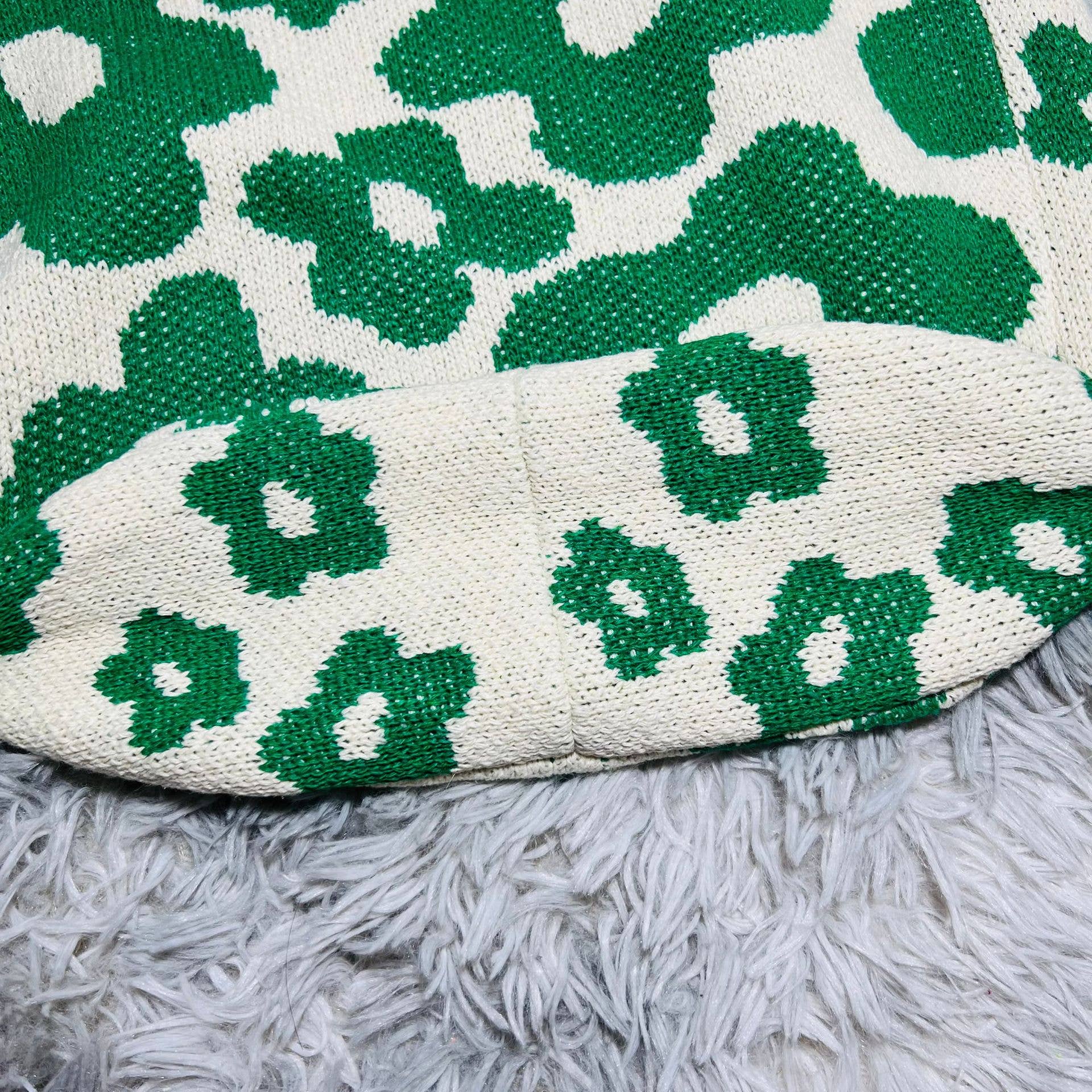 Knitted Single Strap Large Shoulder Tote Bag in Dark Green Flower Designs | 100%Acrylic / One Size | Handbag - Image 6