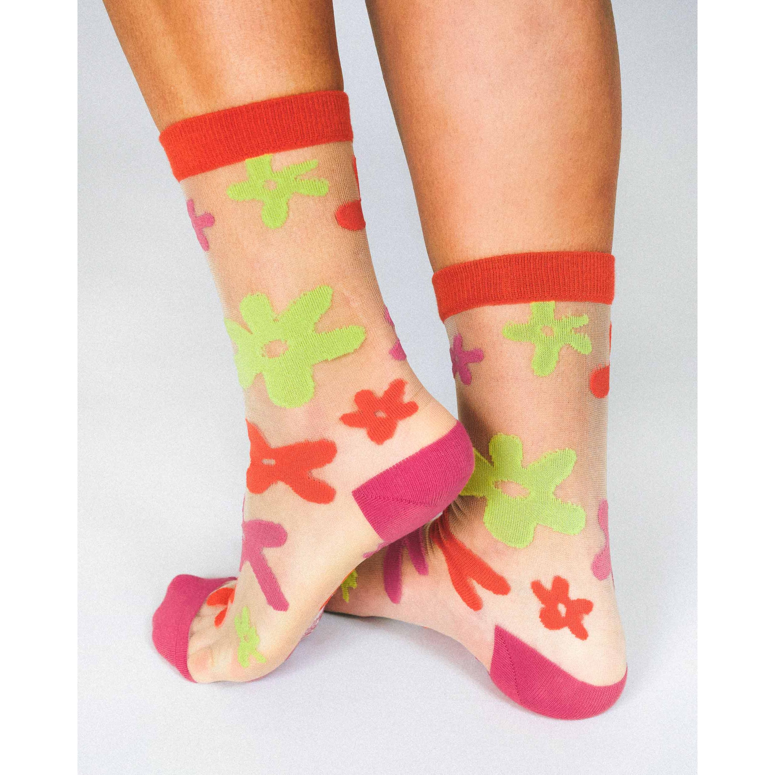 Flower Sheer Crew Socks by Hannah Packer | Women's Lightweight Floral Crew Socks | 70s-Inspired Sheer Socks - Image 4
